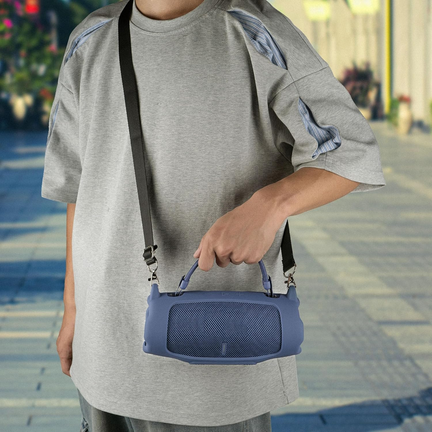 Geekria Silicone Speaker Case Cover Compatible with JBL Charge 6, Protective Soft Skin, Replacement Portable Speakers Travel Carrying Sleeve with Shoulder Strap (Blue) - Black image number 4