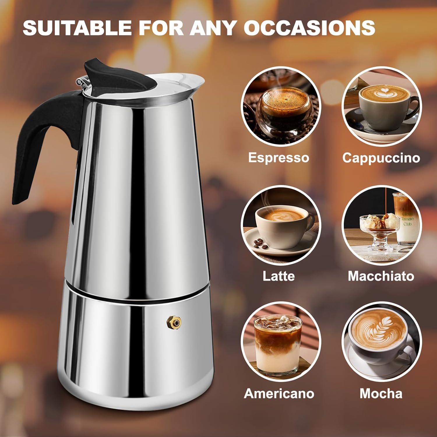 4 Cup Stovetop Espresso Maker Stainless Steel Moka Pot Espresso Maker Percolator Italian Coffee Maker Capable Mocha Coffee Machine Cafe Classic Maker for Home & Camping 200Ml 6.6Oz image number 5