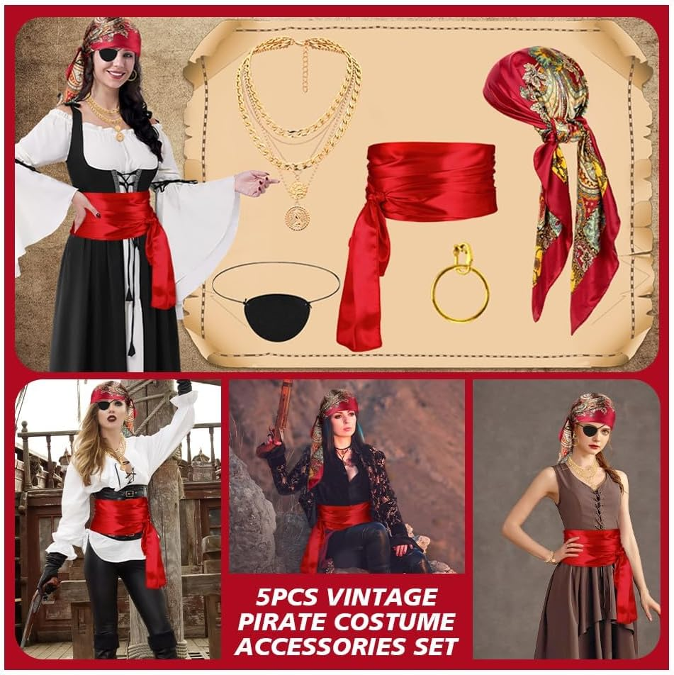 Halloween Women Pirate Costume Accessories Set for Men Pirate Head Scarf Necklace Belt Dress Accessories Pirate-Party Cosplay Renaissance