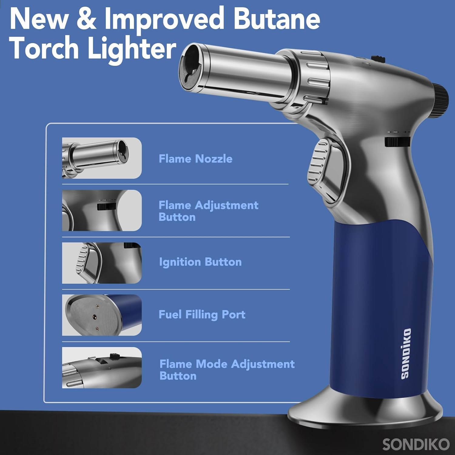 Sondiko Triple Flame Adjustable Mini Butane Torch Lighter - Refillable with Continuous Flame Lock for Creme Brulee, Cooking (Butane Not Included) image number 6