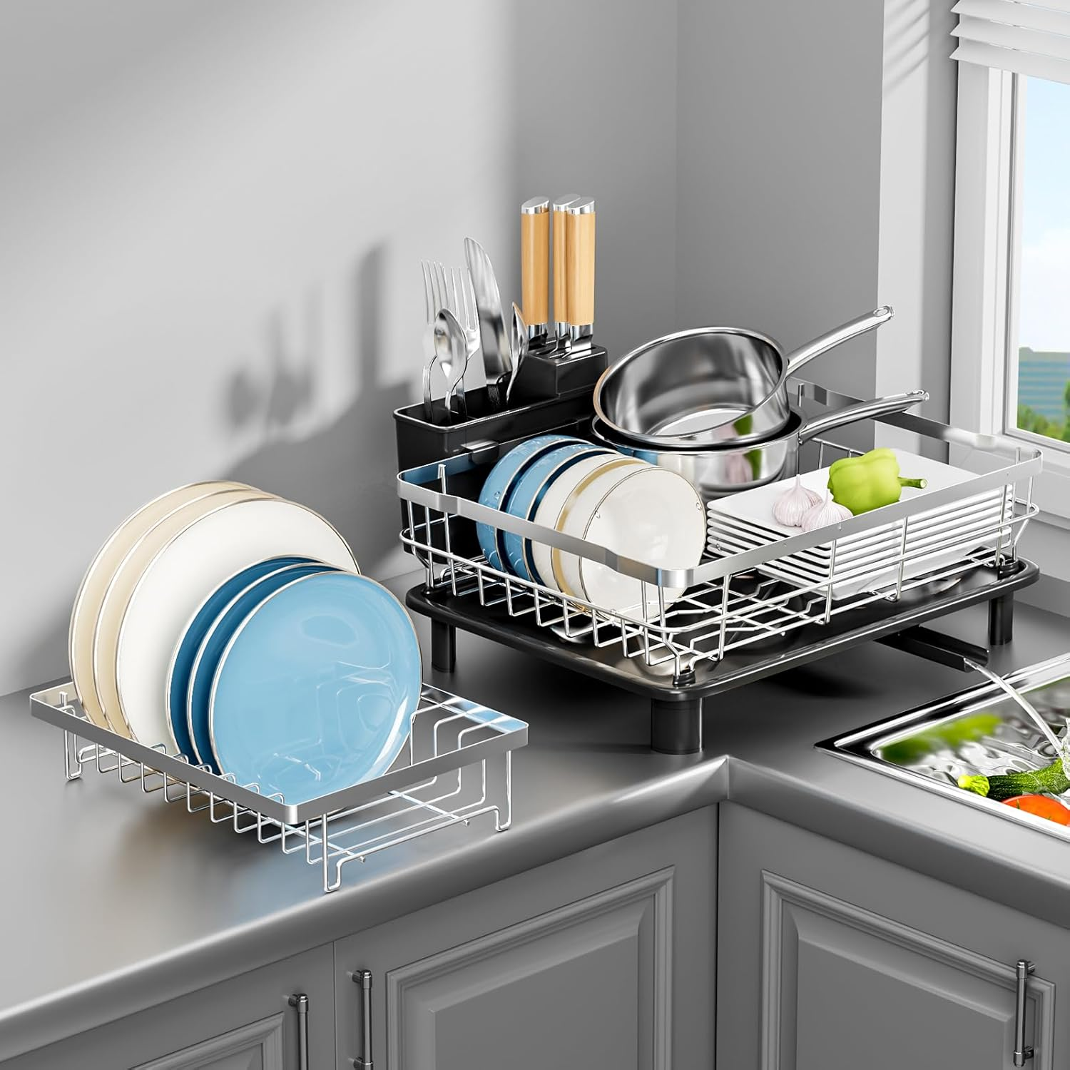 Sandream Dish Drying Rack, 2 Tier Large Dish Rack, Stainless Steel Dish Drainer for Kitchen Counter, Dish Rack with Draining Tray & Cutlery Utensil Holder (White)