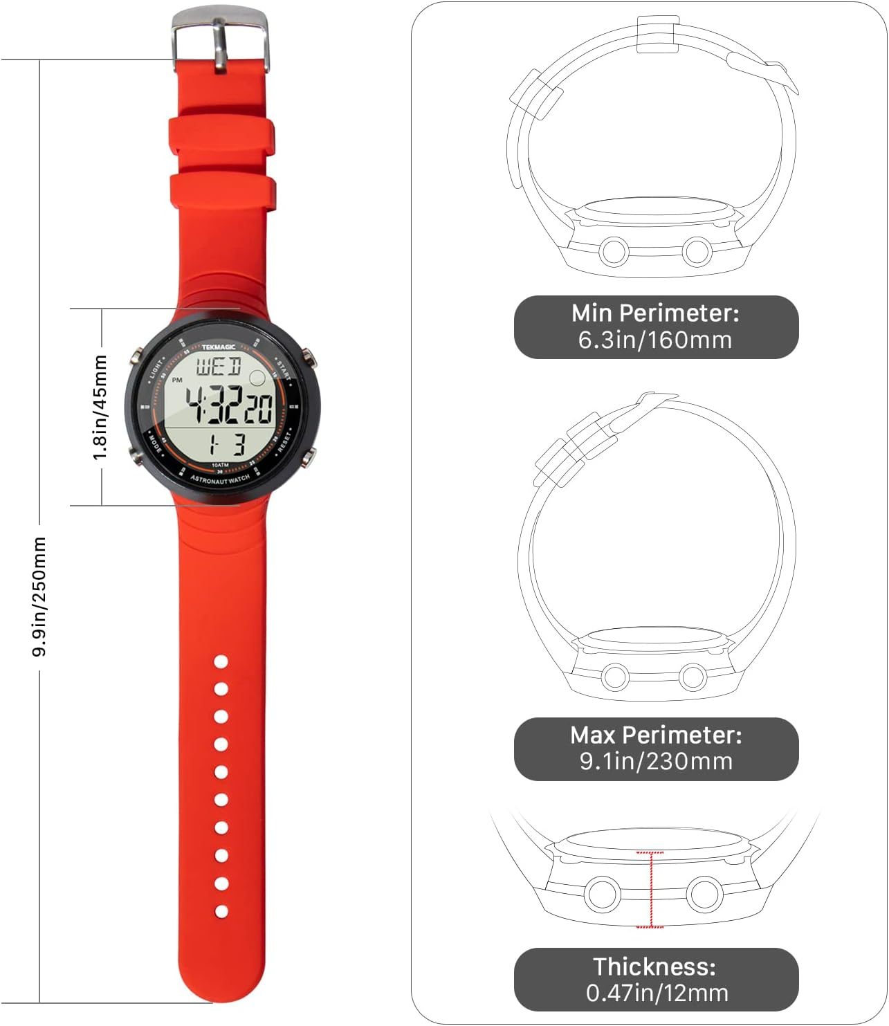 10 ATM Waterproof Sports Watch for Swimming and Diving, with Functions of Chronograph, Timer, Dual Time, Alarm Clock, 12 and 24 Hour Format Switchable image number 5