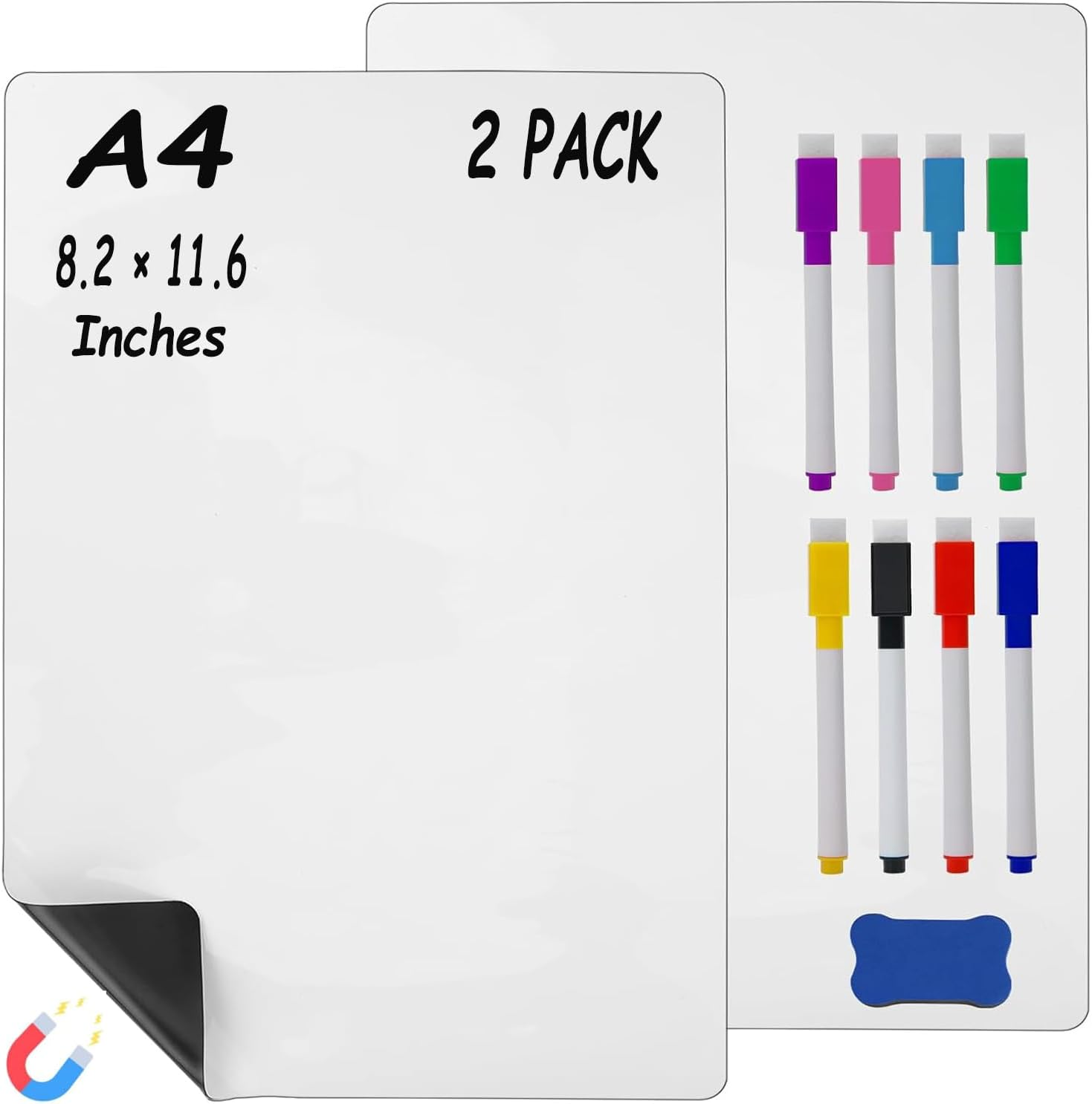 A4（11.6X8.2 Inch） 2 Pcs White Magnetic Dry Erase Whiteboard for Fridge,Small Fridge Message White Boards 8 Markers,1 Eraser,Grocery List Reminder Sticker