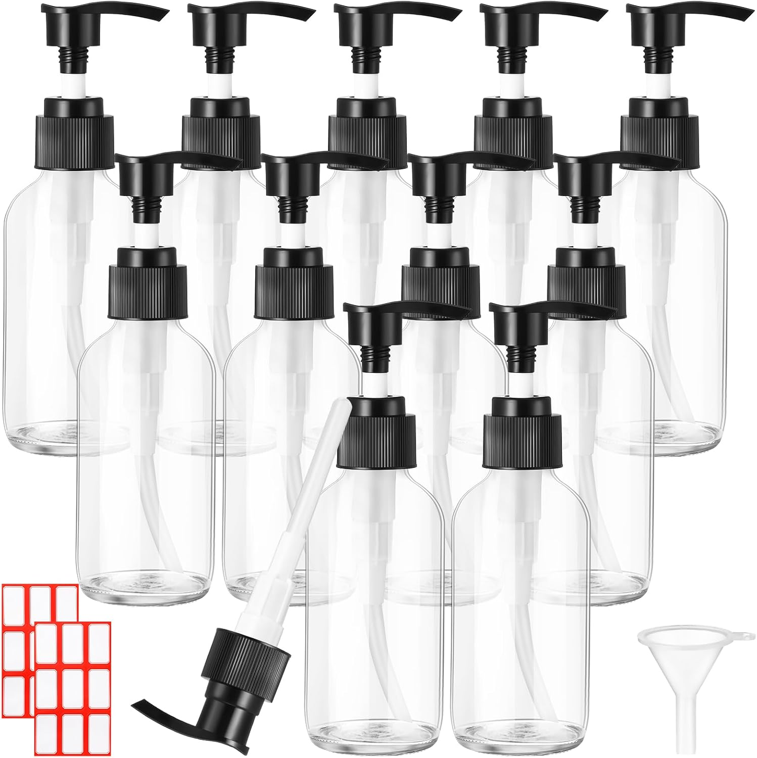 Tanlade 12 Pcs 4 Oz Glass Pump Bottle Empty Travel Glass Bottle with Pump Refillable Glass Hand Soap Dispenser Toiletries Liquid Storage Container Jar for Shampoo Essential Oils Cosmetic (Clear)