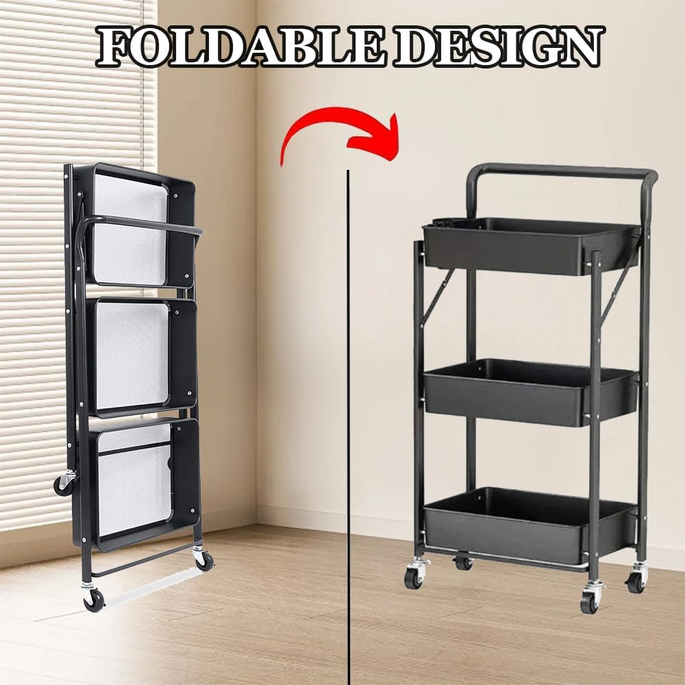 GUDAJIN 3-Tier Foldable Rolling Cart, Metal Cart with Handle, Foldable Mobile Organizer Cart, Multi-Function Storage Trolley, Rolling Storage Organizer Rack for Kitchen Pantry, Office (Black) - Blue image number 6