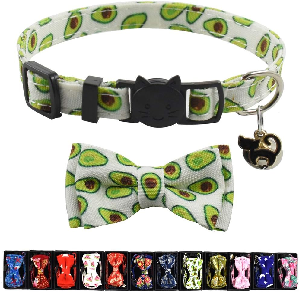 Bow Tie Kitten Collar with Bell and Accessories, Printing Breakaway Cat Collar for Kitty 10 Colors Adjustable 7.5-11In (Watermelon)