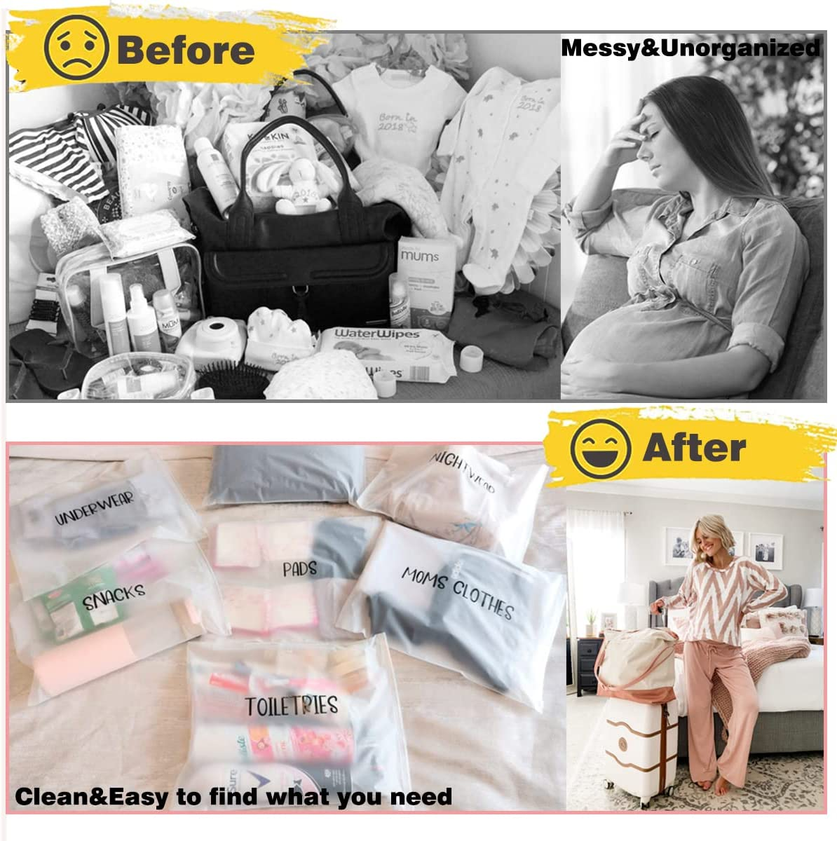 Agromusk 15 Pack Hospital Bags for Labor and Delivery,11 X 14 Inch Maternity Bag Essentials Mommy Born Baby,Diaper Organizing Pouches Resealable Frosted Pre Packed First Time Mom Must Haves image number 4