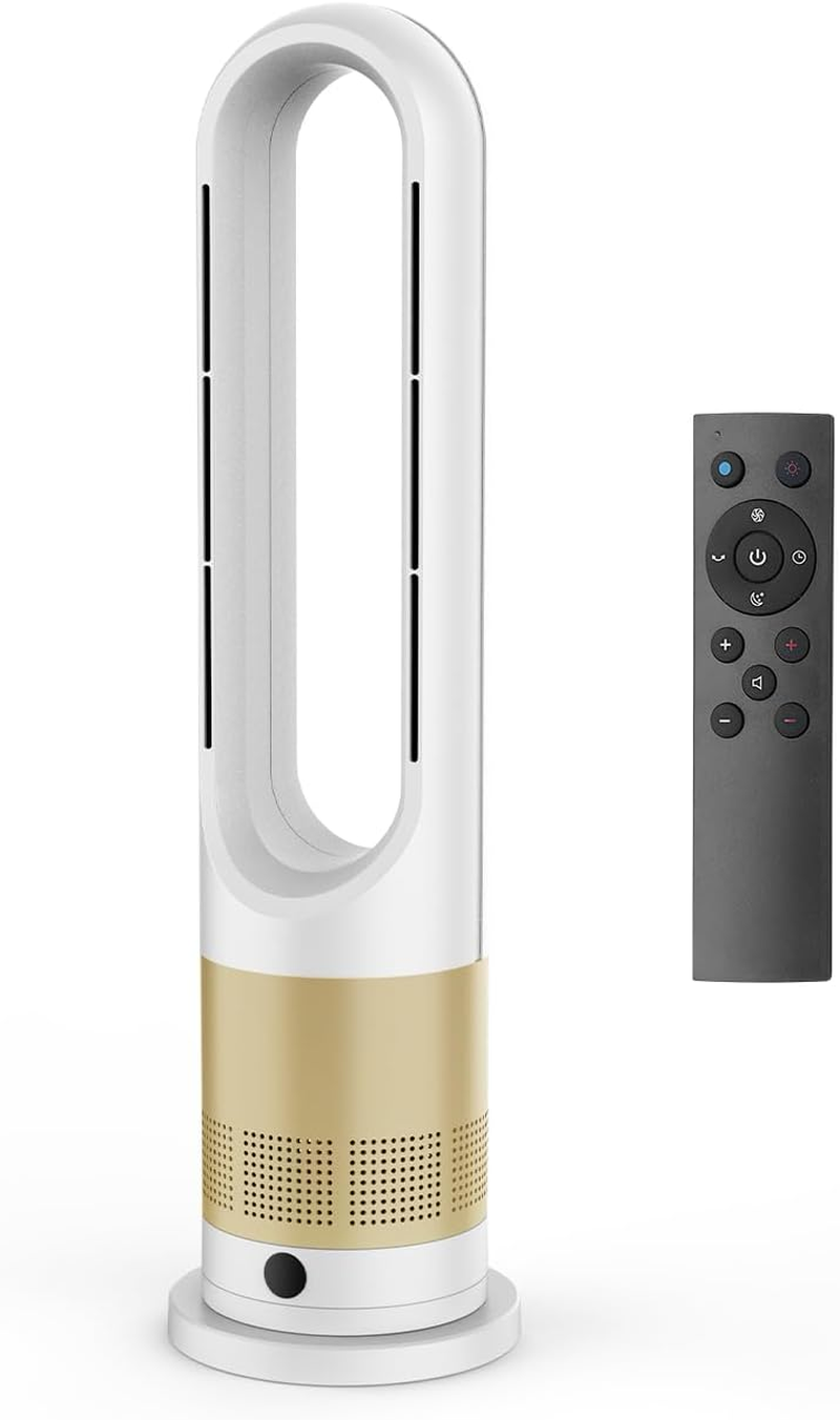 Bladeless Fan,26.5Inch Heating & Cooling Combo Tower Fan 80&deg; Oscillating, 9H Timer, 8 Speeds, Portable Quiet for Indoor, Bedroom, Home Office Room (Gold&White, 26.5 Inch Heating & Cooling)