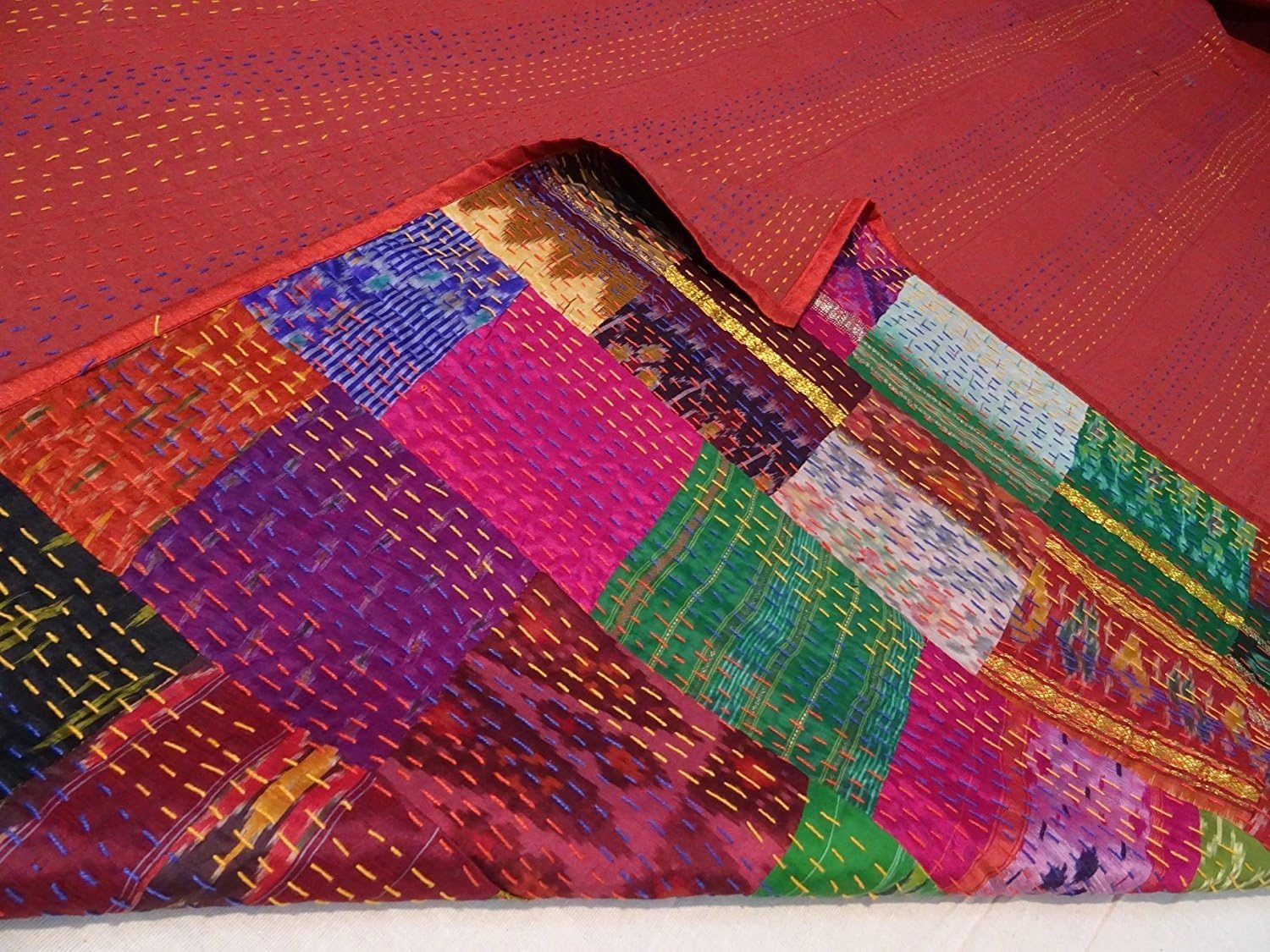 Indian Quilt -Vintage Quilt Old Patola Indian Silk Sari Kantha Quilted Patchwork Bedspread Bohemian Kantha Throws Silk Patola Quilt, Bed Cover,Size 90" X 108" (Multi) image number 7