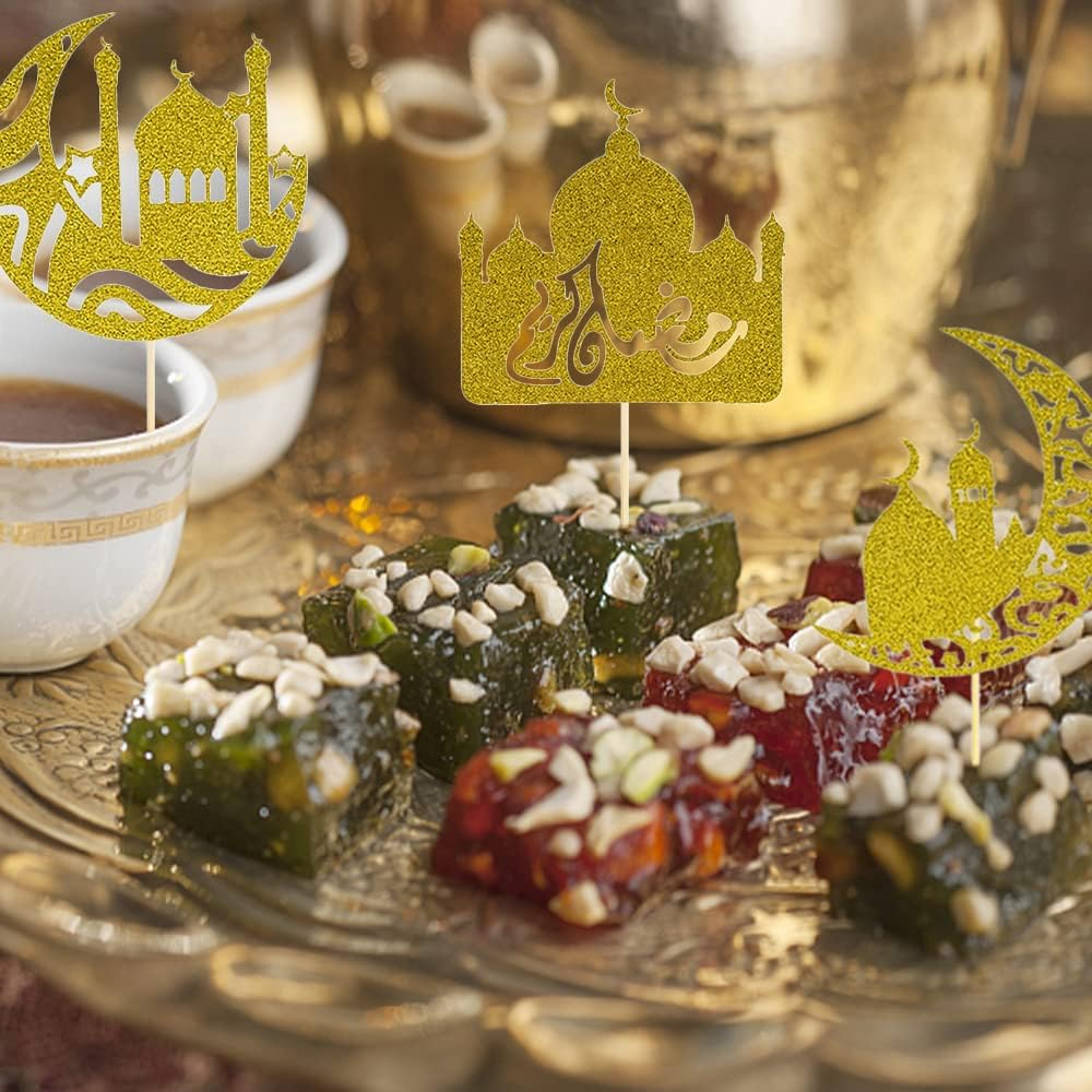 ALIBBON 30Pcs Eid Mubarak Cupcake Toppers, 3 Patterns Glitter Gold Moon Castle Cupcake Picks, Ramadan Mubarak Cake Topper, Ramadan Kareem Party Decorations Islamic Muslim Party Decors Supplies image number 1