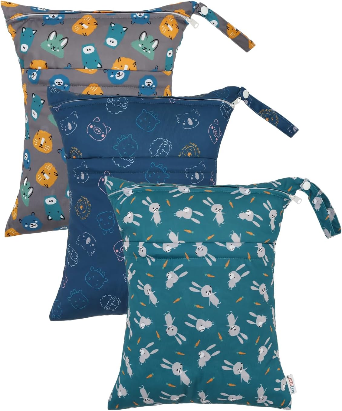 ALVABABY Cloth Diaper Wet Dry Bags Waterproof Reusable with Two Zippered Pockets Travel Beach Pool Daycare Soiled Baby Items Yoga Gym Bag for Swimsuits or Wet Clothes 3 Packs 3L-ZM11-AU