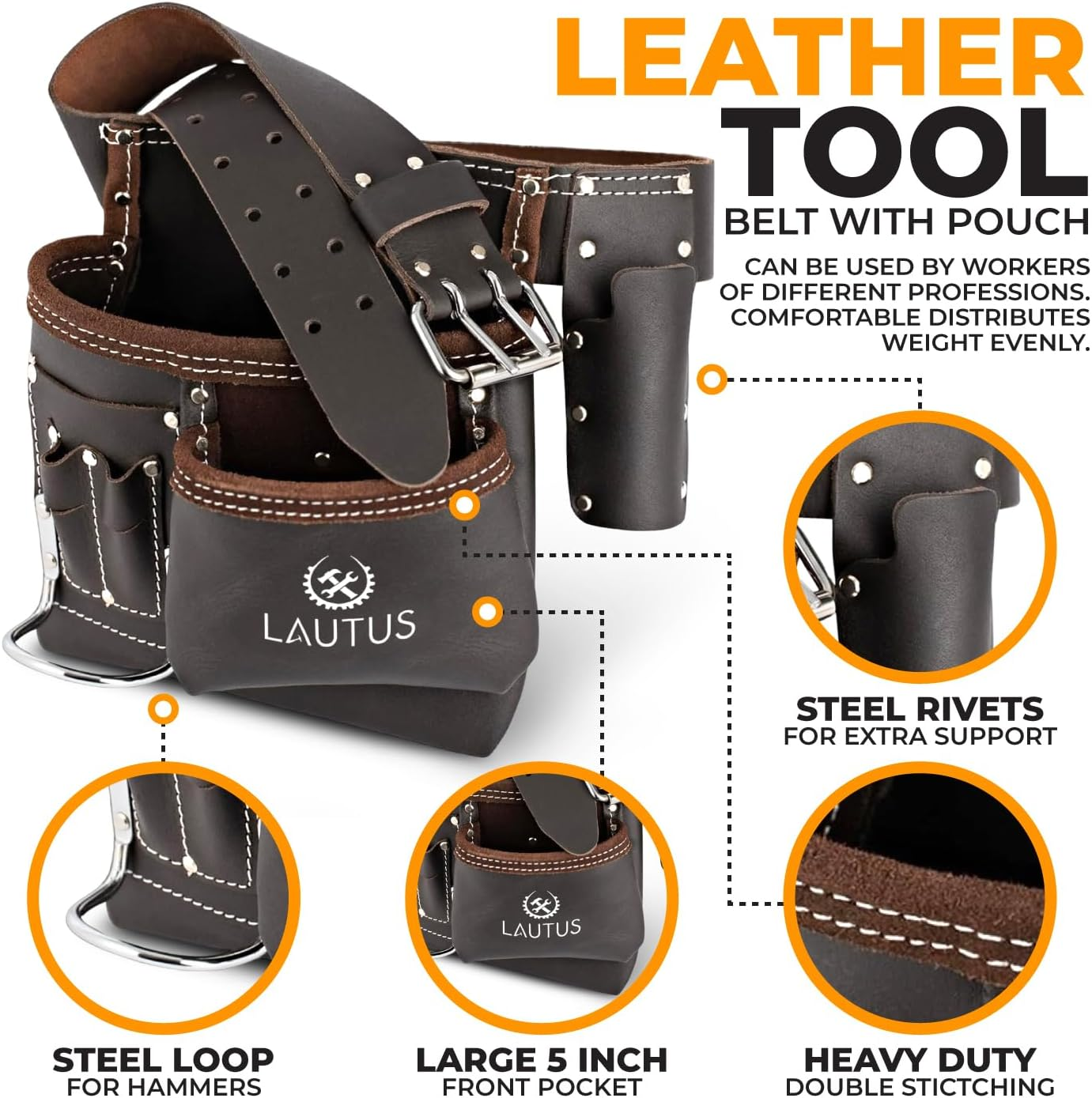LAUTUS 5 Pocket Oil Tanned Tool Belt/Pouch/Bag/Apron Carpenter, Construction, Framers, Handyman, Electrician | 32-Inch to 46-Inch | Brown| Hammer Holder| Built Tough| image number 6
