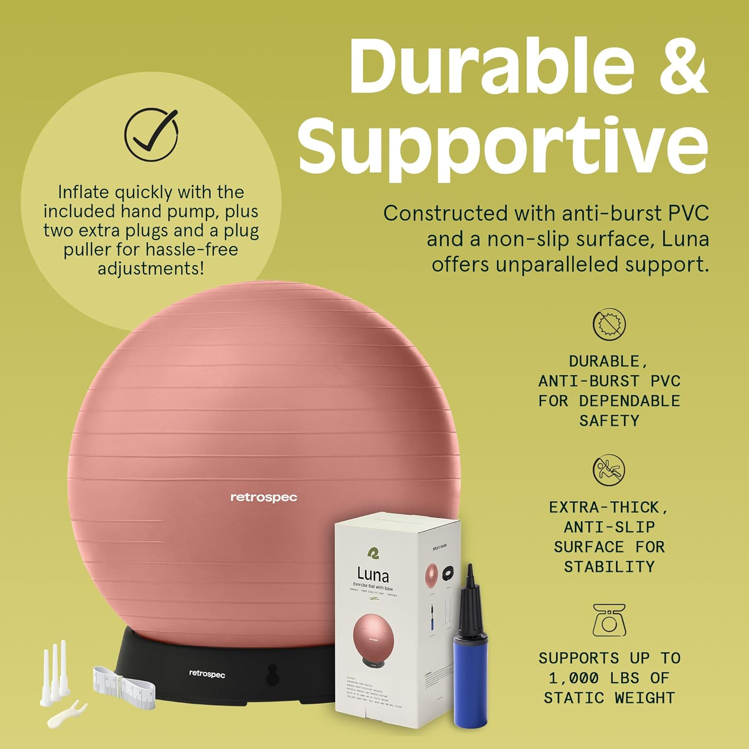 Retrospec Retrospec Luna Exercise Ball, Base & Pump / Ball & Pump with Anti-Burst Material - Fitness Gym Swiss Ball - Perfect for Balance, Stability, Yoga, Pilates, Pregnancy & Birthing image number 4