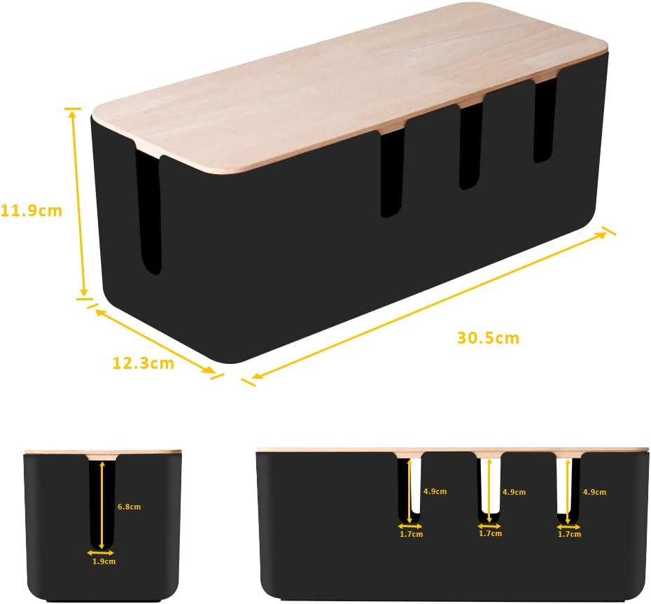 Cable Management Box by Baskiss, Solid Wood Lid, Wire Organizer for Desk TV Computer USB Hub System to Cover and Hide & Power Strips & Cords (Black, Medium) image number 2