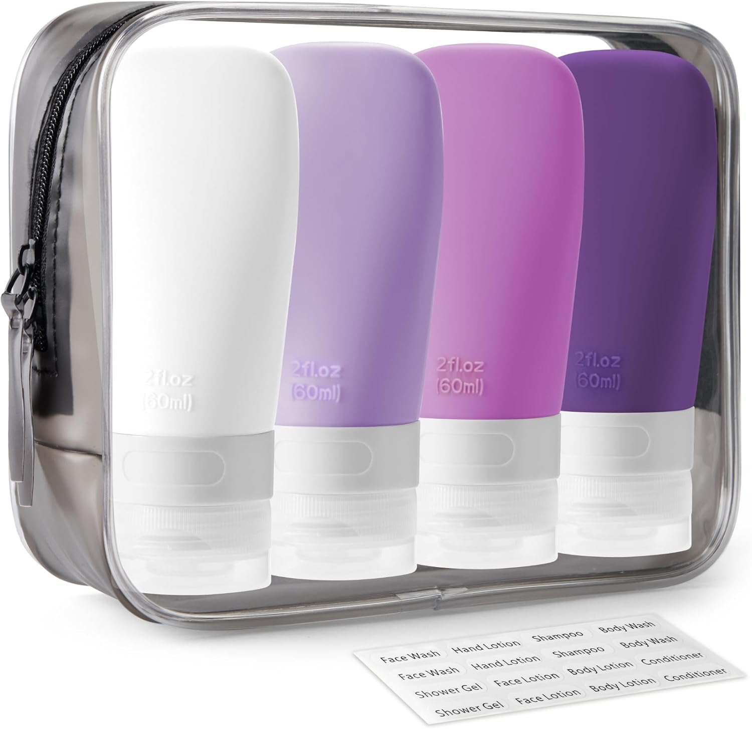 INSFIT Portable Travel Bottles, TSA Approved Travel Size Bottles Leak Proof Travel Containers for Toiletries, BPA Free Refillable Travel Accessories for Shampoo Body Wash Liquids 4 Pack, Purple 2Oz, 2