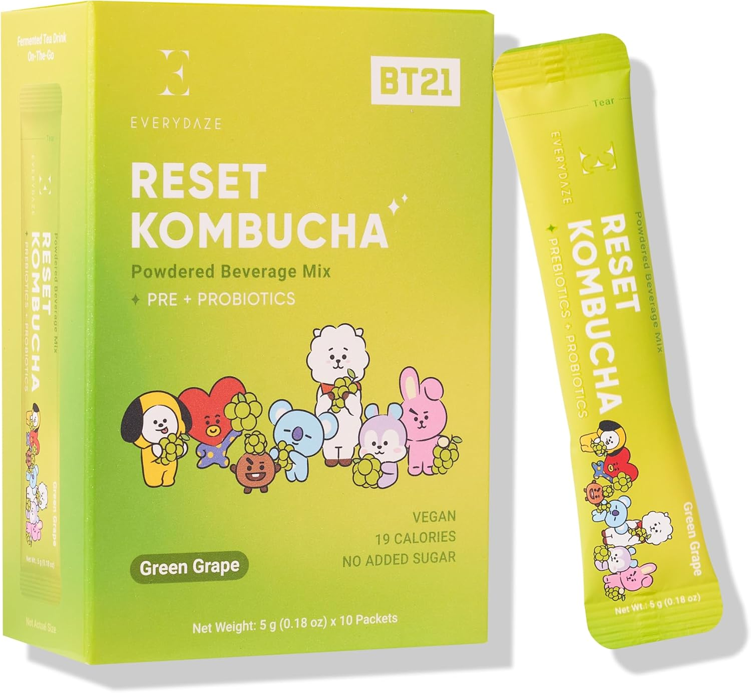 Everydaze Reset Kombucha Tea Powdered Beverage Mix | 10 Sticks | Prebiotics + Probiotics | Vegan | No Added Sugar, Gluten Free, Sparkling Powder Drink Pack (Green Grape) image number 3