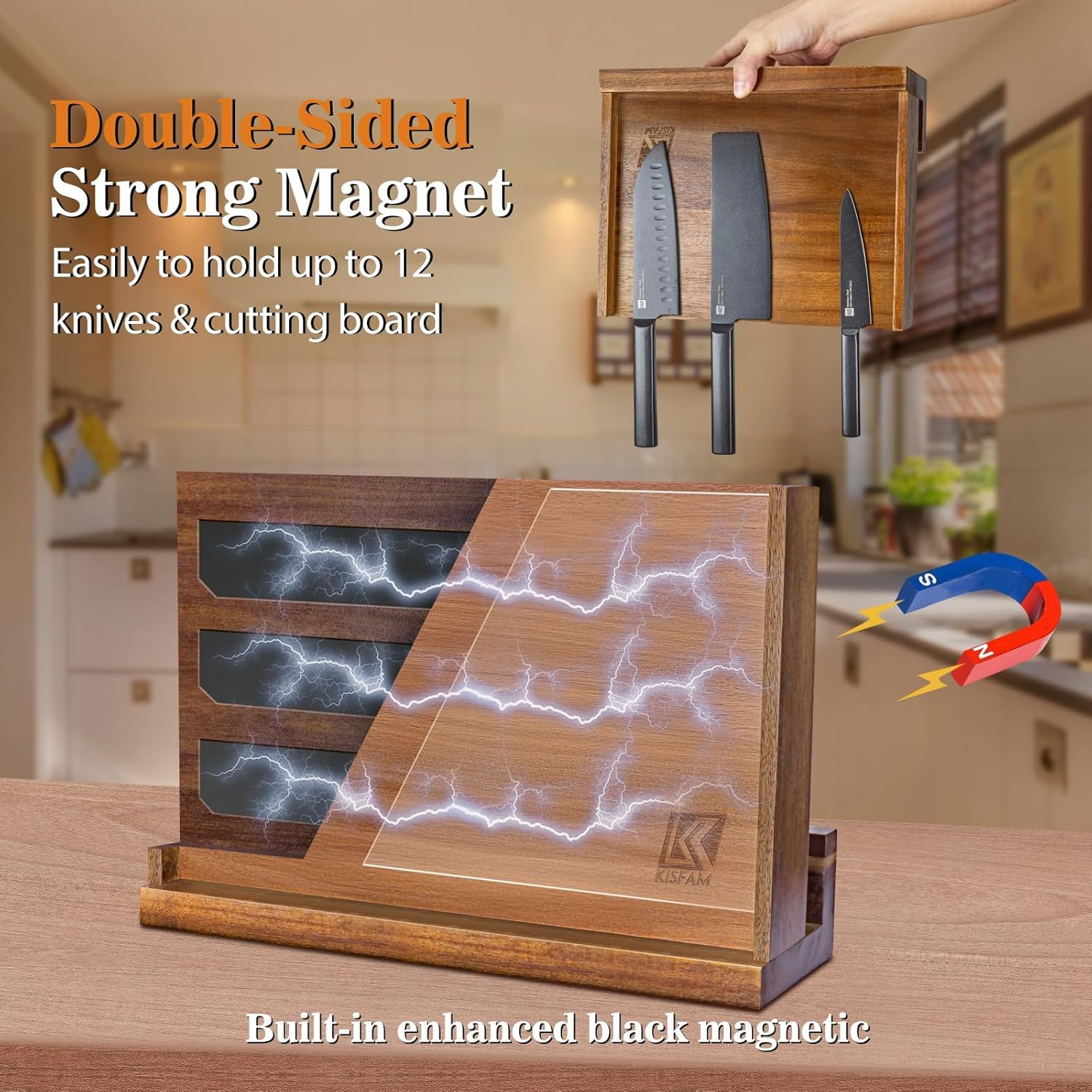 Magnetic Knife Holder, Wooden Knife Block with Double Sided Strong Magnets and Acrylic Protection Shield for Kitchen Multifunctional Knife Storage Knife Block without Knives (38Cm) image number 3