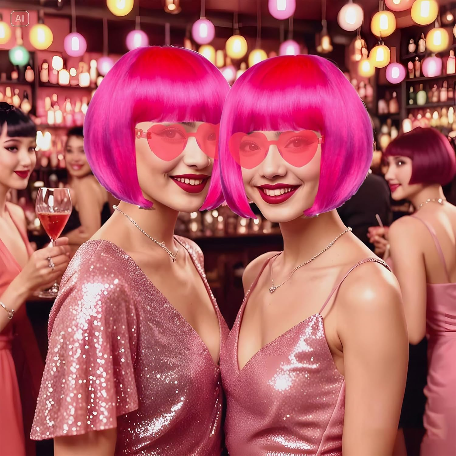 HENWUBEI Pink Bob Wig,Pink Wigs for Women with Double Heart Sunglasses and W-Ig Net Bag,Colourful Wig Perfect for Cosplay, Party, Hall-Oween,Fashionable and Comfortable image number 2