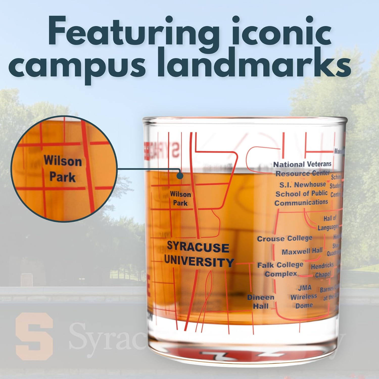 Greenline Goods &ndash; University of Syracuse Orange College Whiskey Glasses (Set of 2), 10 Oz &ndash; Full-Color Logo + Campus Map image number 6