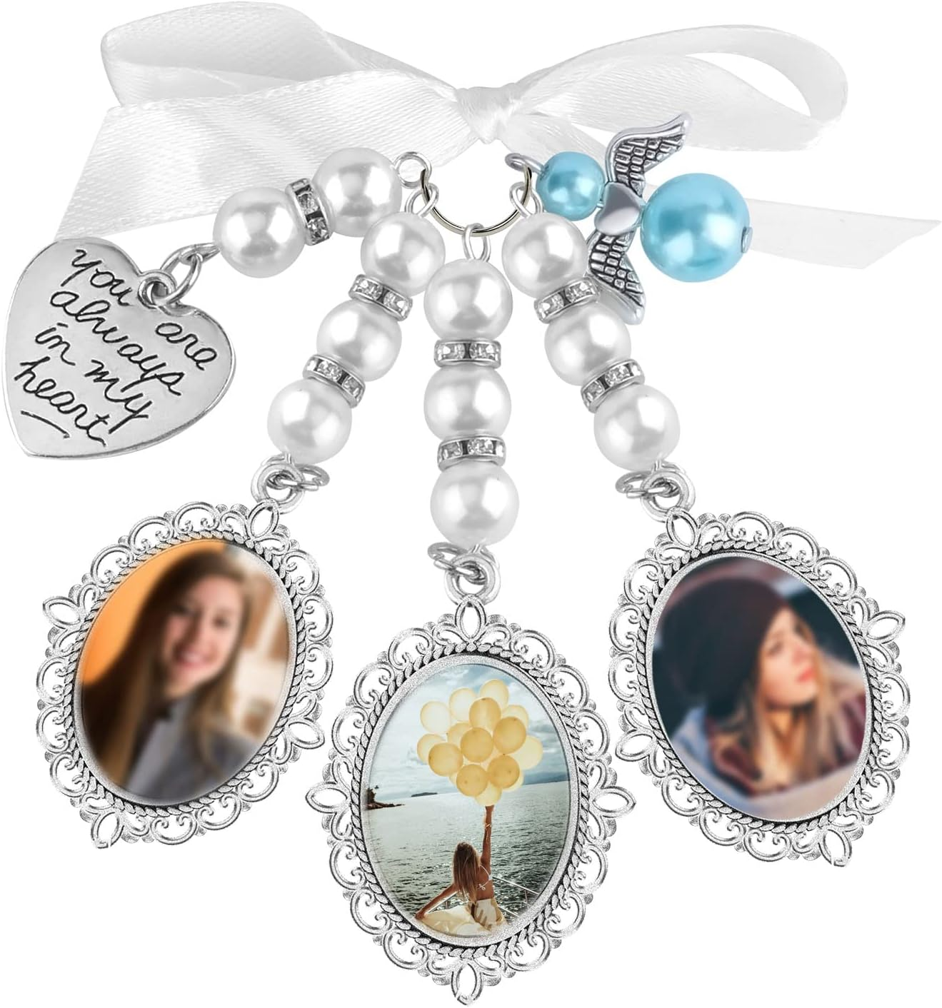 SAVITA 1Pc Wedding Bouquet Photo Charm with 3Pcs Picture Frames 3Pcs Oval Glass Cabochons Aesthetic Bridal Bouquet Charm Holders with Bow-Knot Rhinestone Pearl Heart Styled Pendent for Bridal Shower image number 3