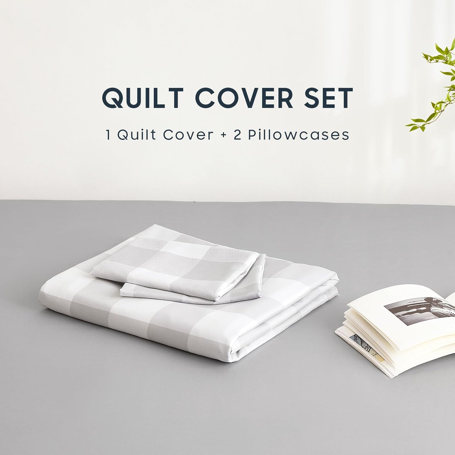 Wake in Cloud - Gingham Quilt Cover Set, Plaid Buffalo Checked Pattern Printed, 1000TC Ultra Soft Microfiber Doona Duvet Cover Bedding, 3 Pieces, Light Grey White, Queen Size