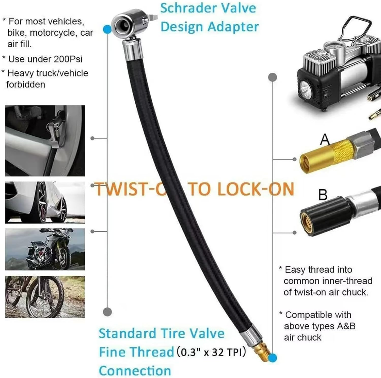 Tire Inflator Hose Adapter, Locking Tire Chuck with Rubber Hose and Standard Tire Valve Fine Thread, Air Inflator Hose Adapter for Twist on Convert to Lock on Connection image number 6