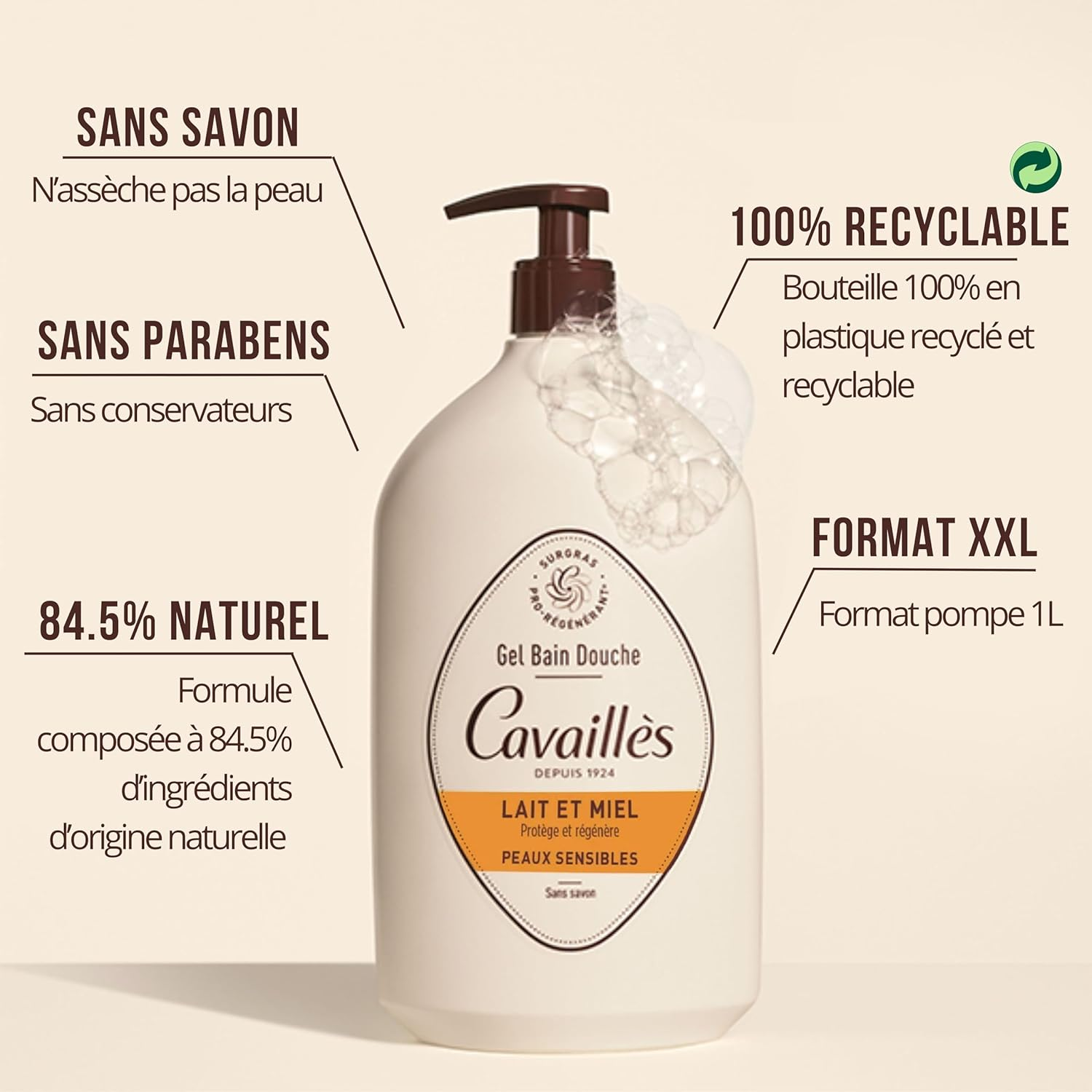 Rog&eacute; Cavaill&egrave;s Shower Gel for Sensitive Skin, Milk and Honey, 1 Litre image number 1