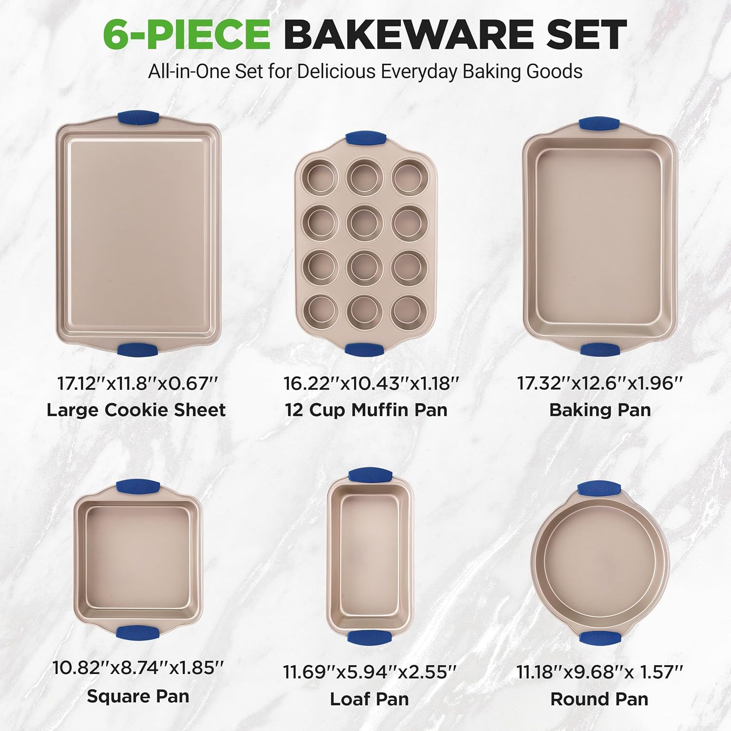 6-Piece Nonstick Bakeware Set - PFOA, PFOS, Ptfe-Free Carbon Steel Baking Trays W/Heat Safe Silicone Handles, Oven Safe up to 450&deg;F, Pizza Loaf Muffin Roaster/Round/Square Pans, Cookie Sheet