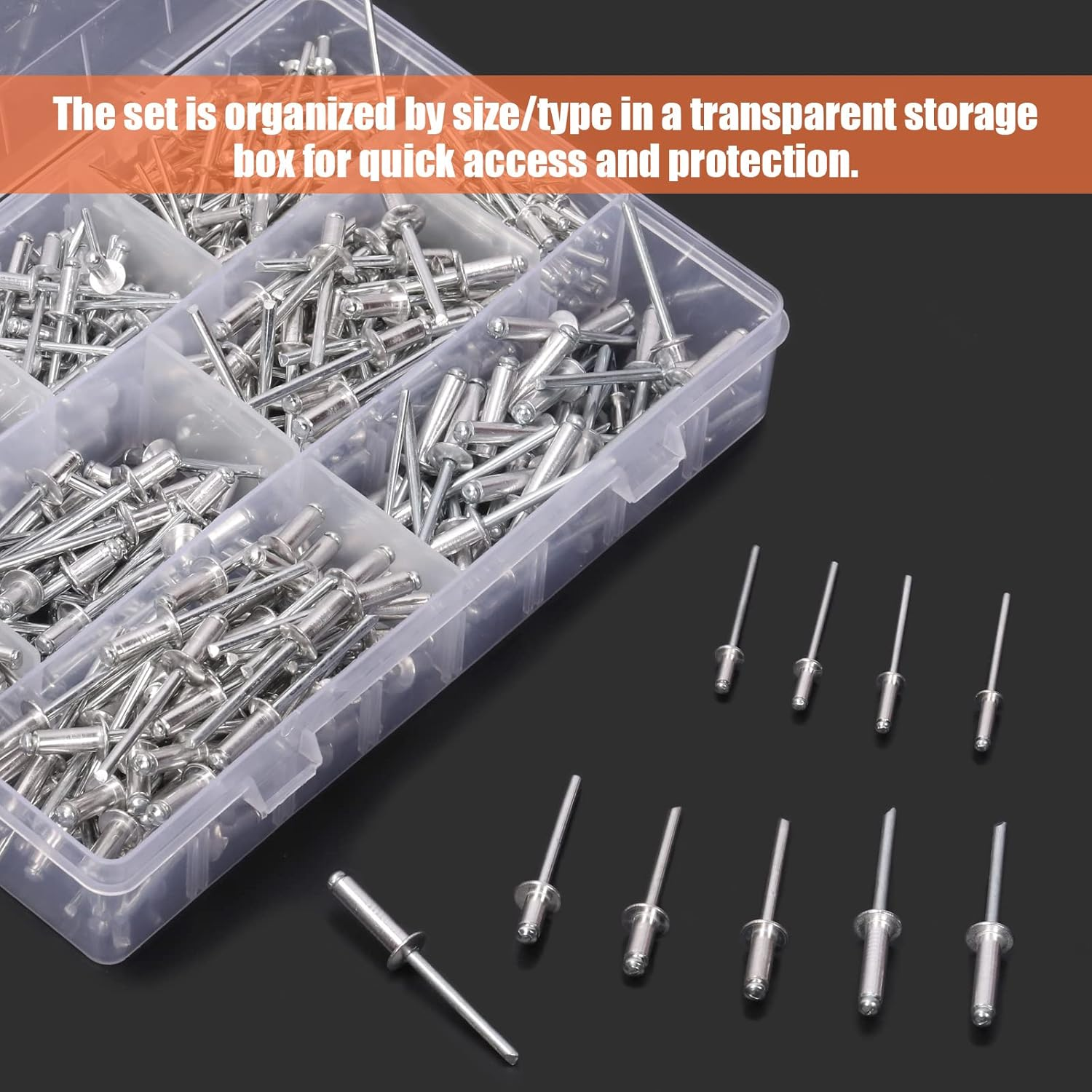 Tanstic 495Pcs 9 Sizes Aluminum Rivets Assortment Kit, M3.2 M4 M4.8 Blind Rivets, Pop Rivets with Storage Case (Silver) image number 1