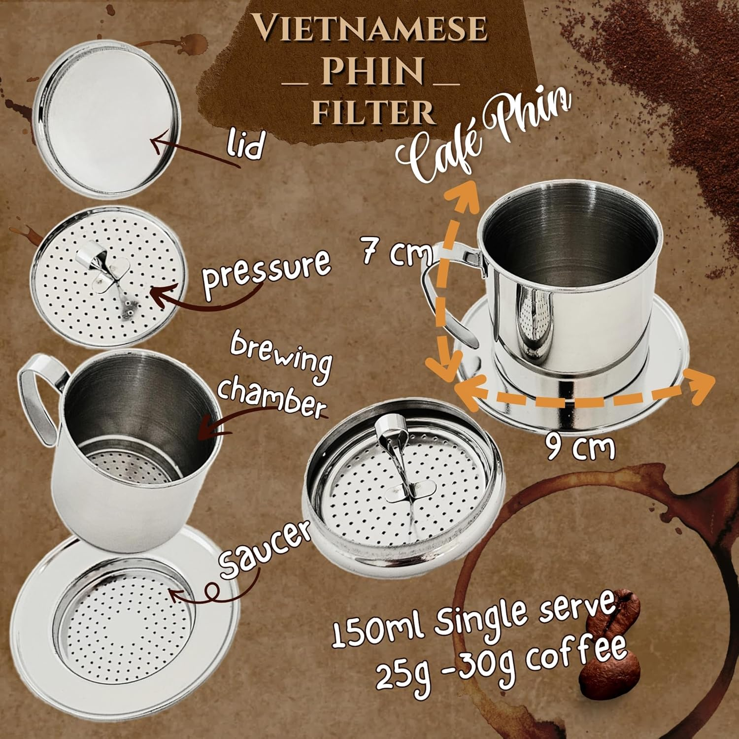 Vietnamese Coffee Phin Filter - Silver, Traditional Portable Stainless Steel Coffee Phin for Authentic Vietnamese Coffee Drip Brewing image number 1