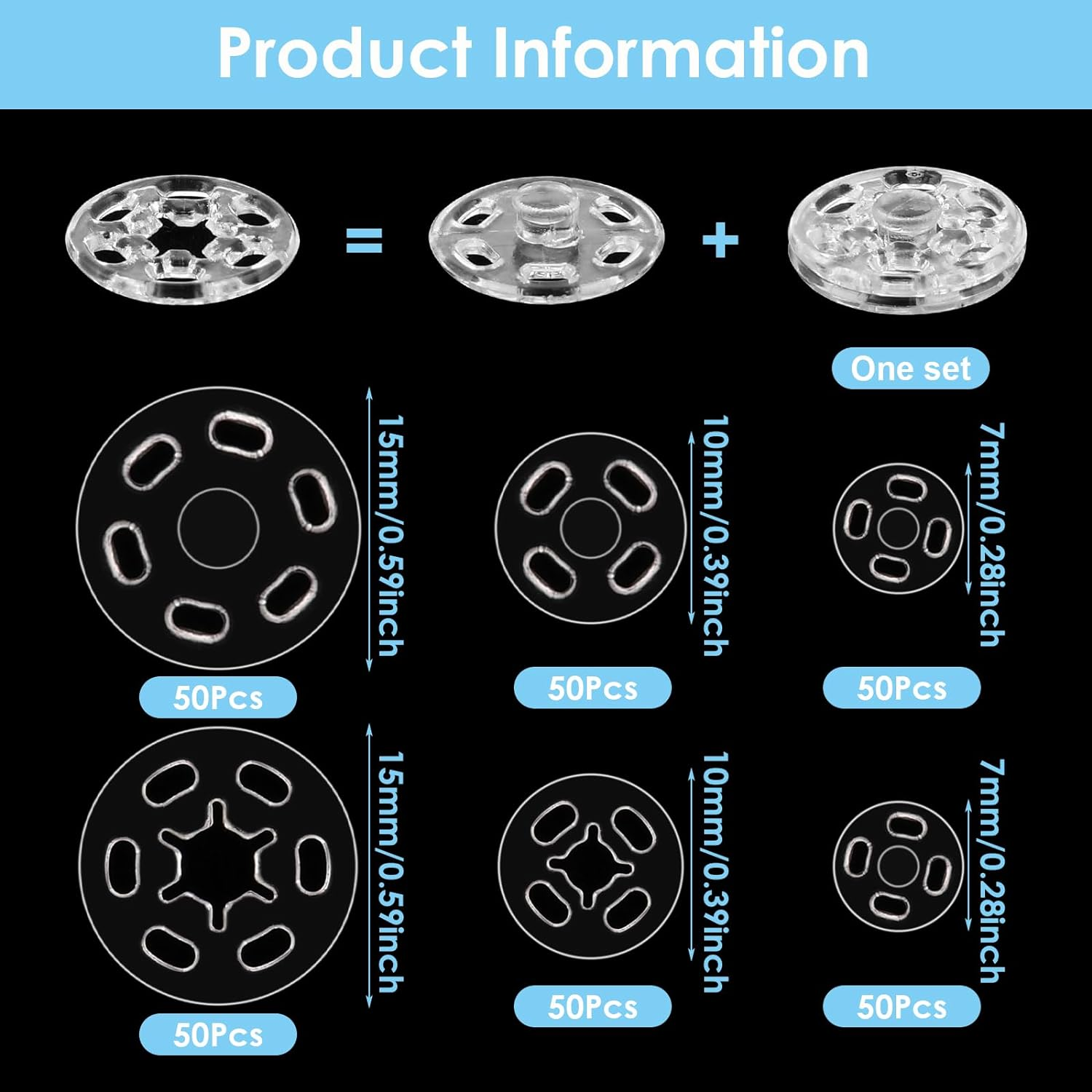 150 Sets Plastic Sew-On Snap Buttons Invisible Snap Fasteners Buttons round Clear Press Button for Sewing Clothing DIY Craft, 7 Mm 10 Mm 15 Mm image number 1