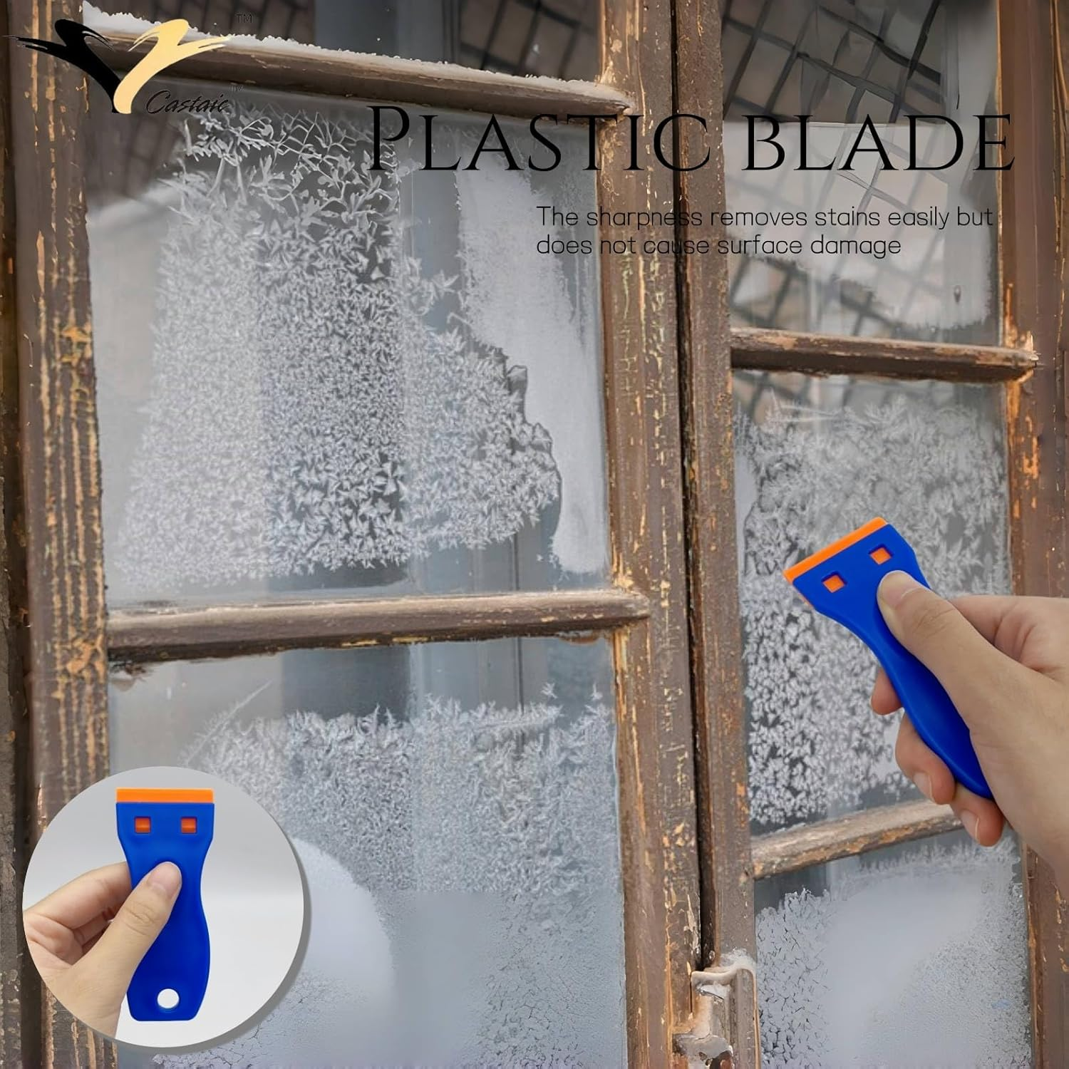 Castaic Plastic Razor Blade Scraper Tool,2Pcs Scraper Tool with 100PCS Plastic Blades,Scratch-Free Plastic Scraper for Scraping Labels,Stickers and Decals from Glass, Doors,Windshields (Set 1) image number 4