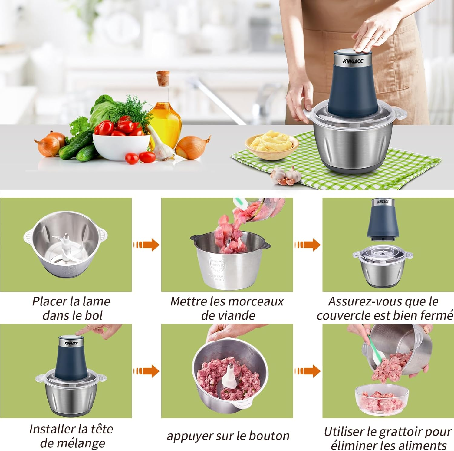Electric Chopper, 300W Blender Chopper 2L with Copper Motor & Stainless Steel Bowls, 4 Removable Blades, 2 Adjustable Speeds Food Processor for Meat/Vegetables/Fruits/Kitchen image number 2