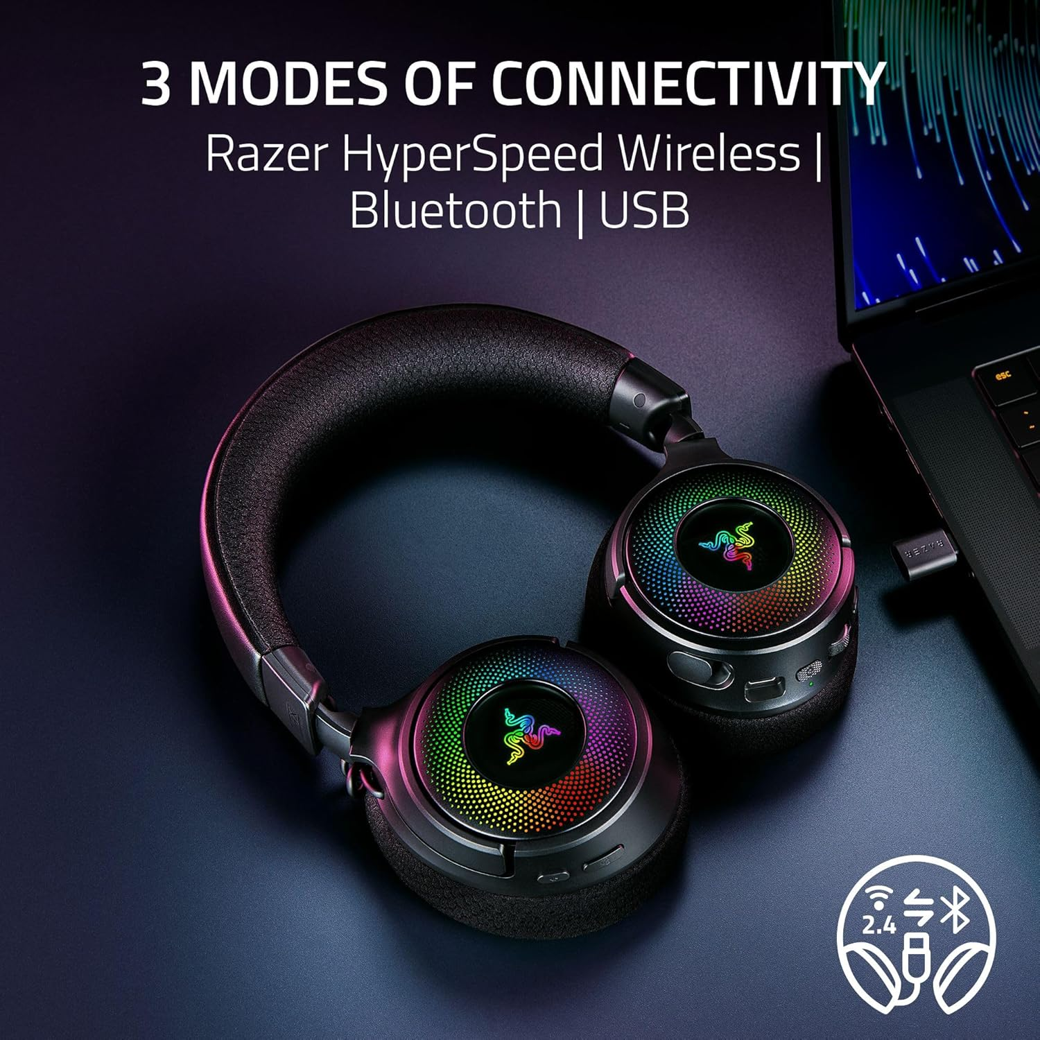 Razer Kraken V4 Wireless Gaming Headphones: 2.4Ghz, Bluetooth, USB - Wide Band Microphone - 40Mm Speakers - Quick Volume Adjustment - RGB Lighting in 9 Zones - for PC, Mac, PS5 image number 4