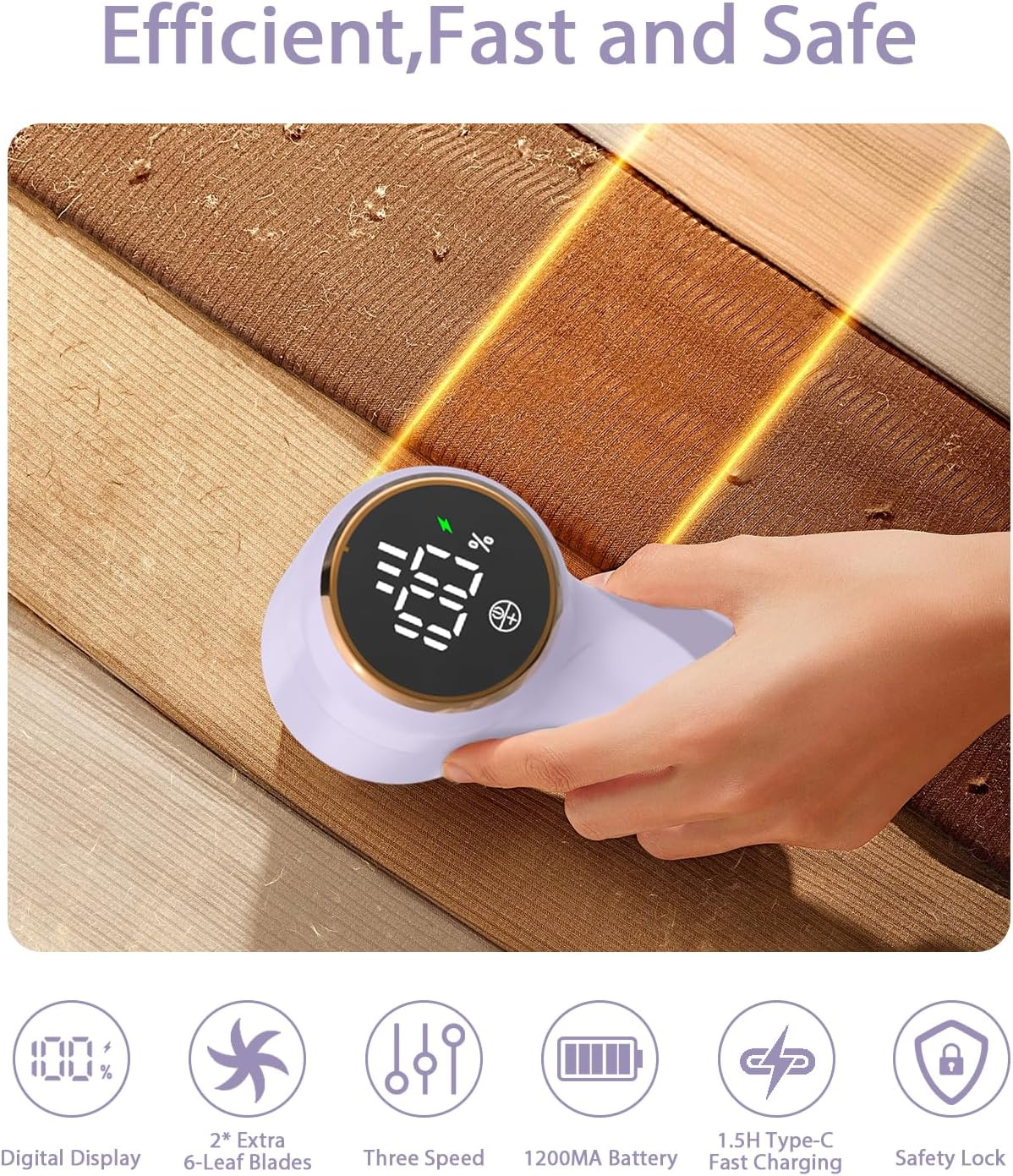 Portable Fabric Shaver with LED Display, Rechargeable Lint Remover for Clothes-Efficient 3-Speed Sweater Shaver with 6-Leaf Blades,Fast Charging Lint Shaver (Purple) image number 1