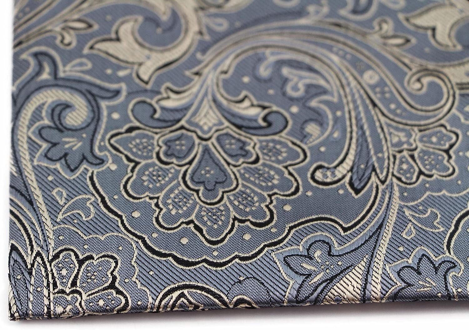 Mens Cream & Silver Boho Paisley Silk Pocket Square Dark Grey, Silver, Black, Cream