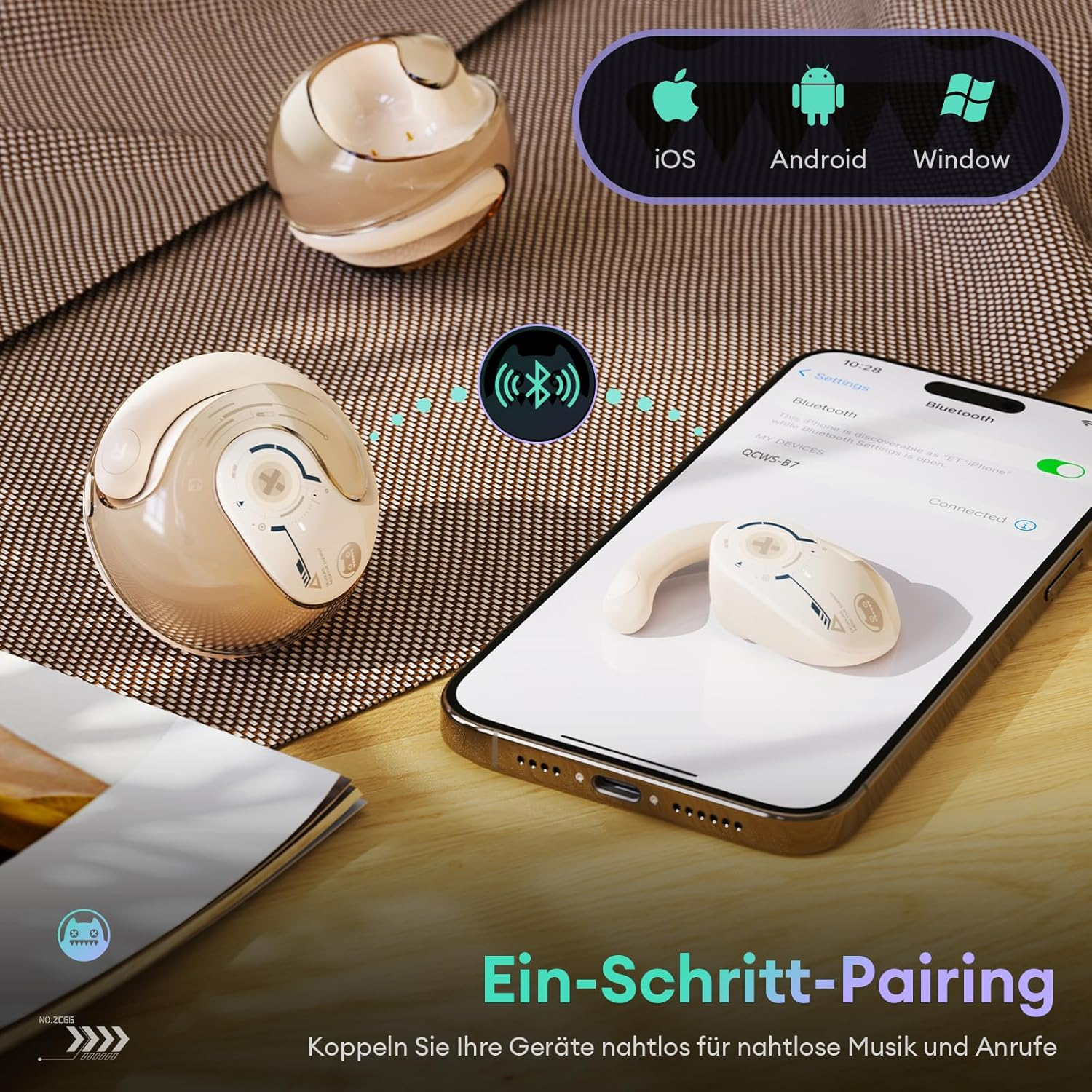 Zombies CAT Open Ear Headphones, Wireless Bluetooth 5.3 Headphones with Microphone for Clear Calls, Special Lanyard, IPX5, Waterproof Headphones for Sports Training, B7 White