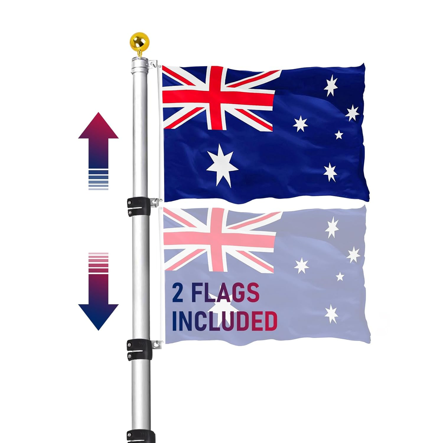 The 6.1M Telescopic Flag Pole Kit, Heavy Duty Aluminum Telescoping Flagpole Kit Fly 2 Flags, Outdoor in Ground Flagpole with 3X5 AU Flag & Gold Ball Top for Residential or Commercial, Silver image number 4