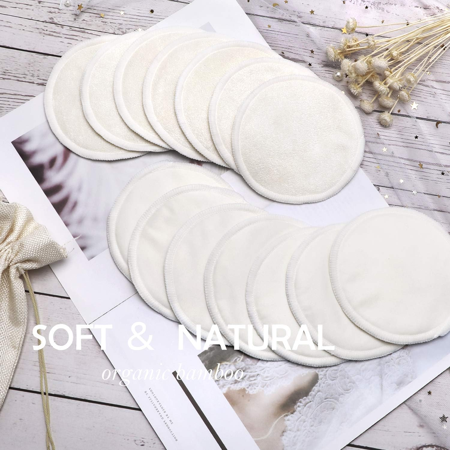 14PCS Washable Breast Pads, Reusable Organic Bamboo Breast Pads with Laundry Bag and Storage Bag - Soft, Absorbent, Hypoallergenic, Eco Pads for Breastfeeding (Round)
