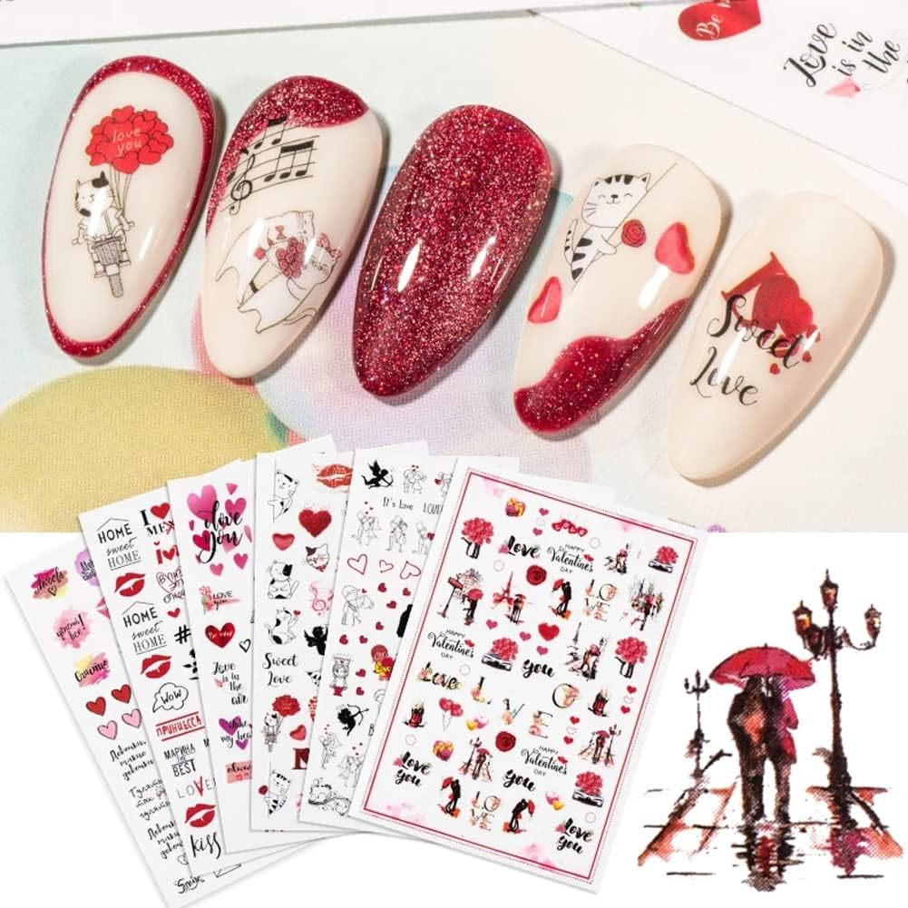 12 Sheets Valentine'S Day Nail Art Stickers Decal 3D Heart Nail Decals Self-Adhesive Red Sexy Lips Love Rose Kiss Angel Letter DIY Nail Design Sticker Nail Supplies Manicure Decoration for Women Girls image number 1