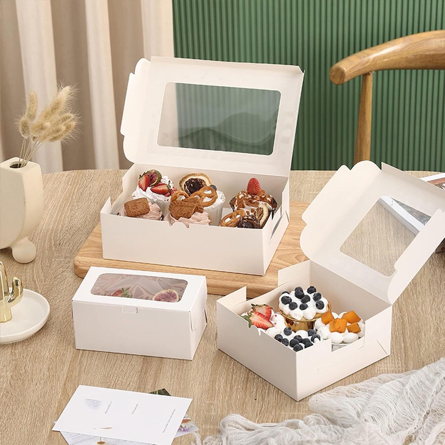 Acbbmns 50Pcs 4 Holes Cupcake Boxes with Window and Insert, 16 X 16 X 7.5Cm White Kraft Paper Cup Cake Boxes Bakery Containers Cupcake Carrier Box for Muffin Chocolate Macarons Pastry image number 4