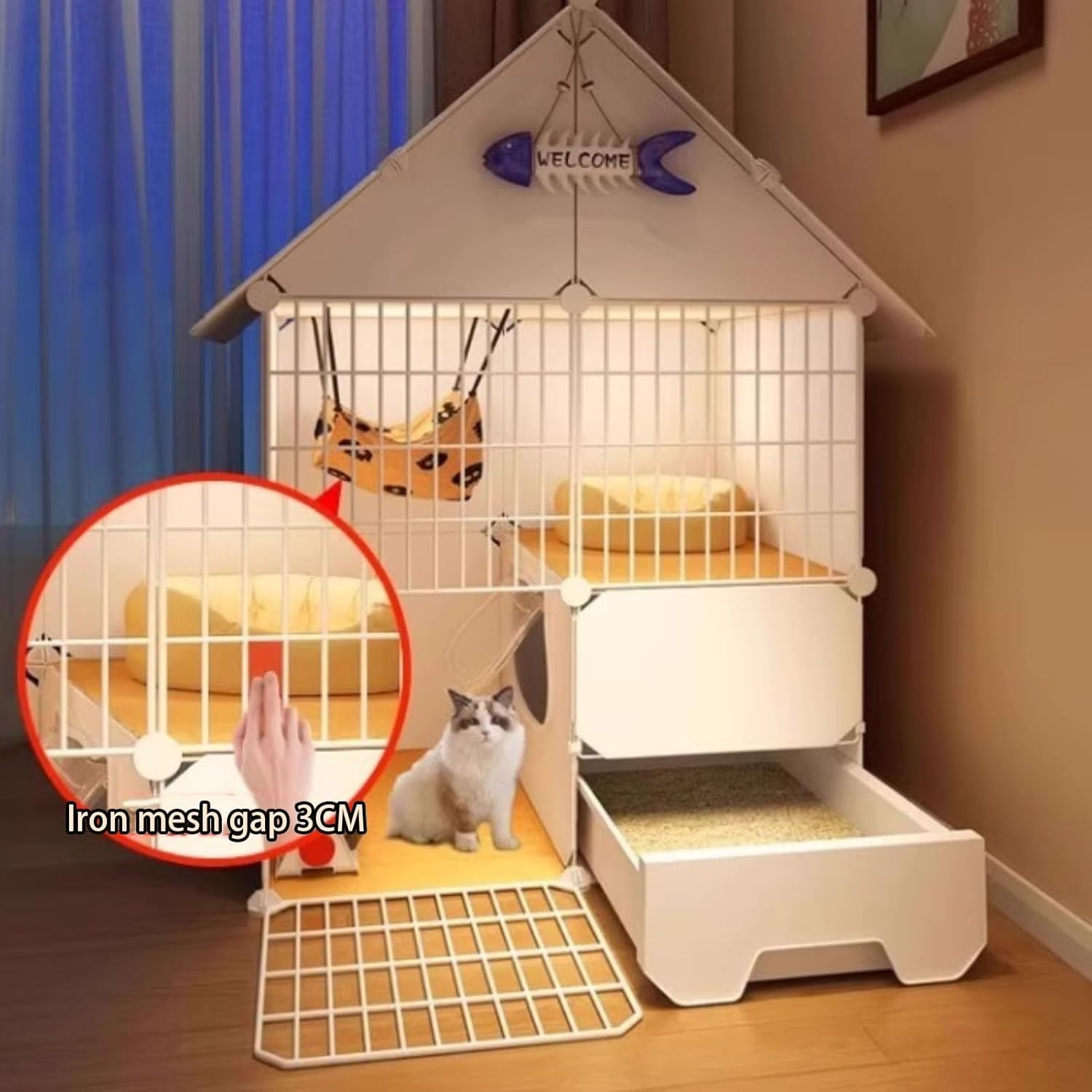 Cat Enclosures Indoor, DIY Cat Cage Detachable with Litter Box, Cats Plaype with Triangular Roof, 2-Tier Cute Cats House, Easy to Install(39Cm/15.4In) image number 2
