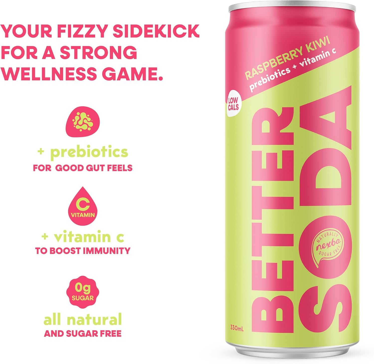 Nexba Better Soda &ndash; Raspberry Kiwi &ndash; All Natural Sugar Free &ndash; 24 X 330Ml Cans image number 2