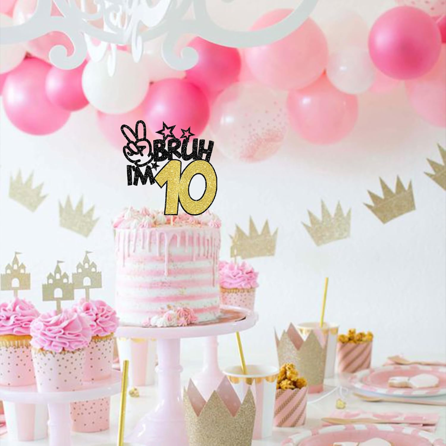 1 Pack Black Glitter Bruh I'M 10 Cake Topper Glitter Happy 10Th Birthday Cake Pick Funny 10Th Birthday Cake Decorations Party Supplies (Black Gold, 10Th 01) image number 3