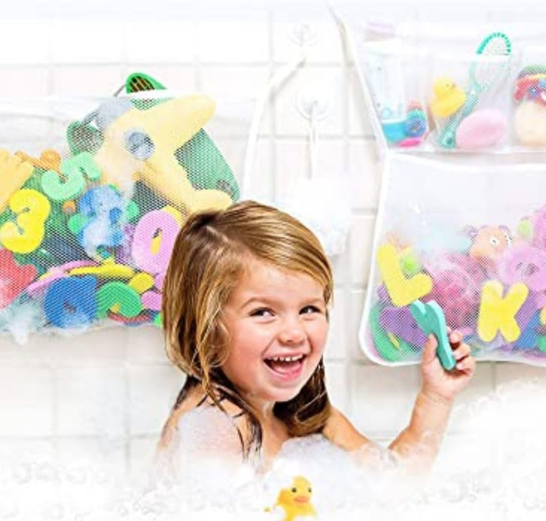 Original Tub Cubby Bath Toy Storage (2 -Pack) for Baby Bath Toys, Hanging Bath Toy Holder with Suction & Adhesive Hooks, 14X20" Mesh Net Shower Caddy for Bathtub Toys, 36 Soft Foam Letters & Numbers image number 5