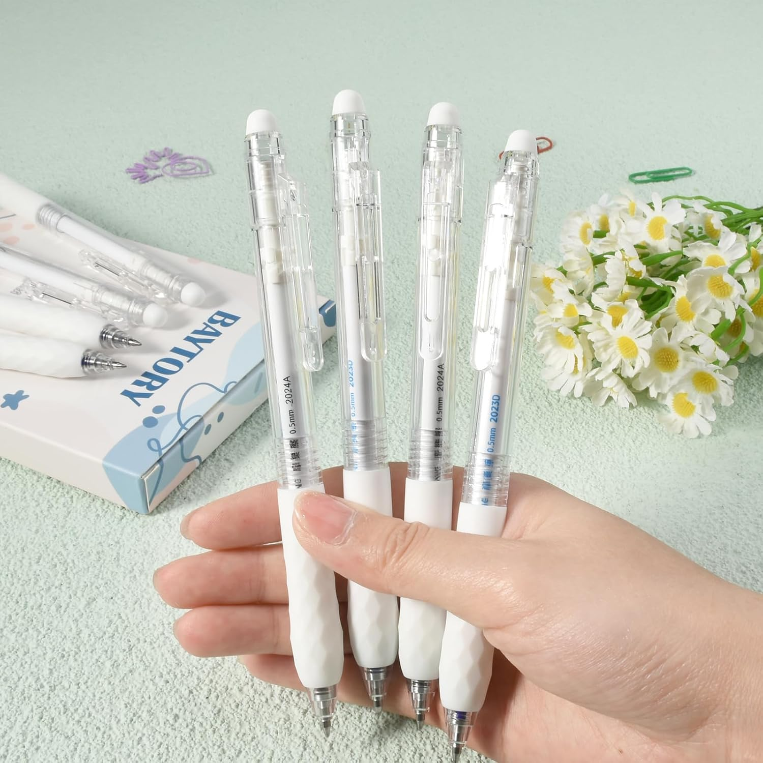 BAYTORY 8Pcs Fine Point Erasable Gel Pens, 0.5Mm Retractable Black and Blue Ink Pen, Smooth Writhing Comfortable to Use for Taking Marking Planner Crossword Puzzles (White) - White image number 3