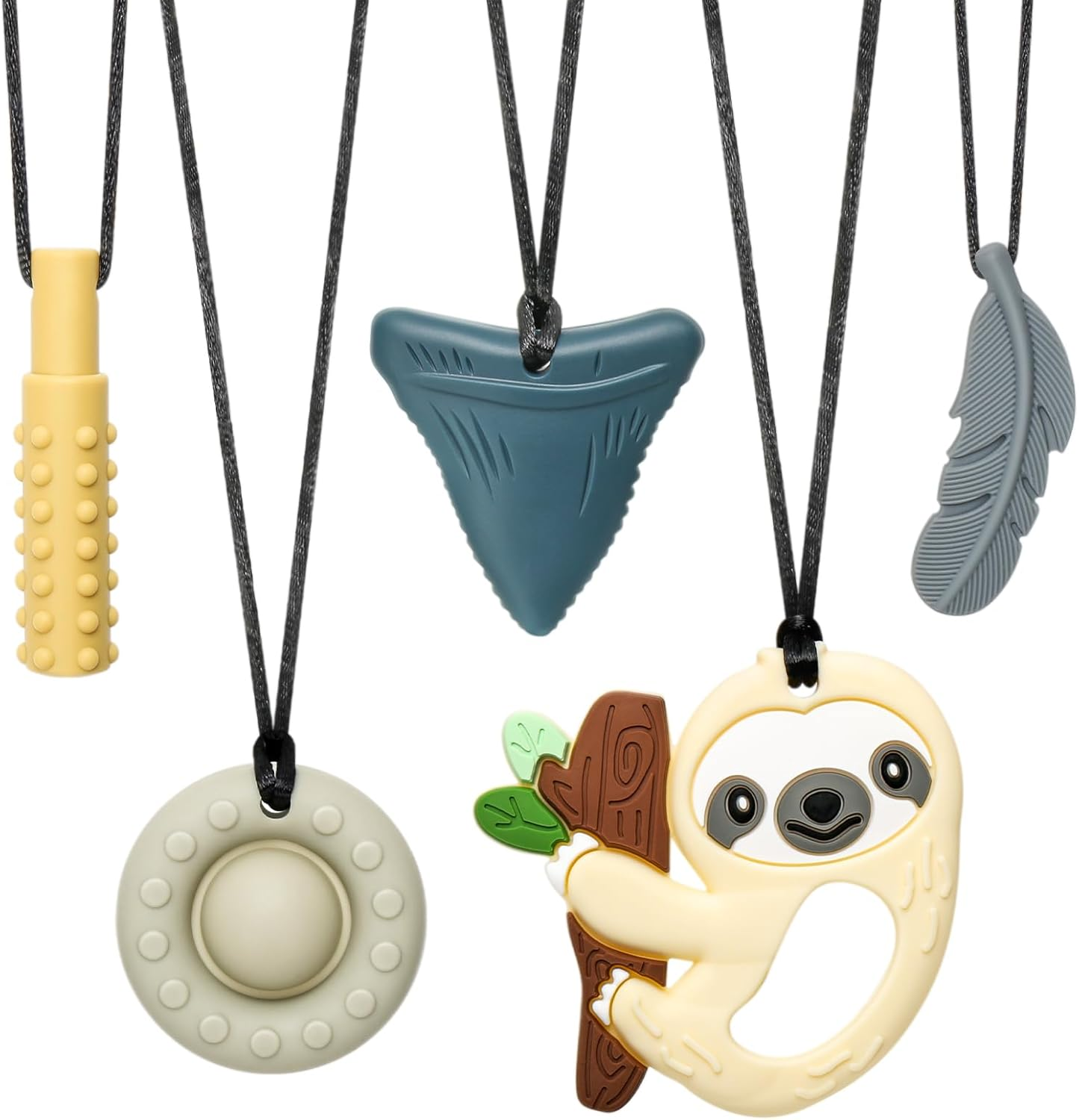 MR.TIMELAG Chew Necklace, 5 Pack Sensory Chew Necklace Bundle for Kids with Teething, ADHD, Autism, Oral Motor Chewy Teether, for Boys&Girls,Silicone Necklace Made from Food Grade Silicone Safety image number 2