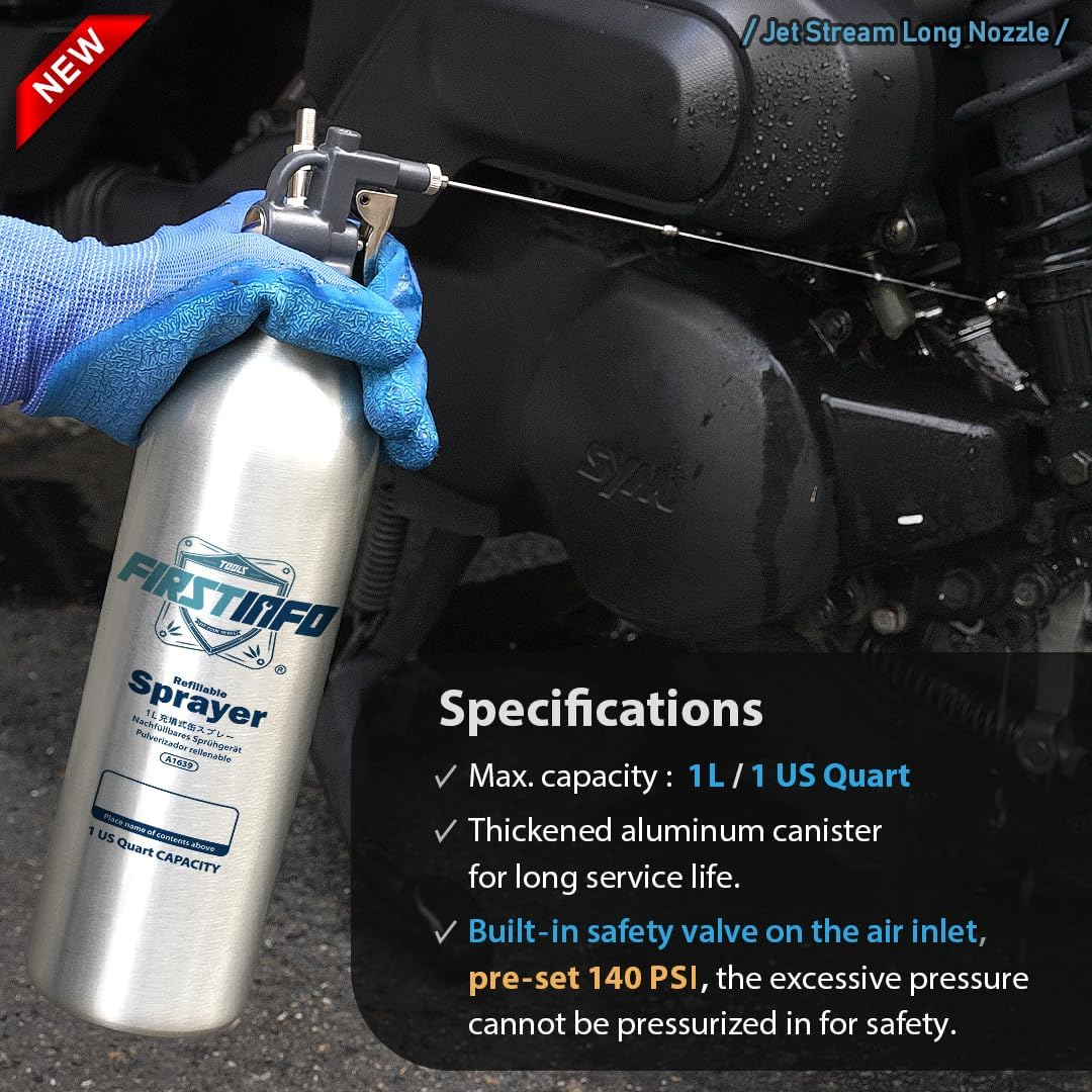 FIRSTINFO A1639 Patented 1000Ml Aluminum Canister Aerosol Refillable Spray Can | Pneumatic Compressed Air Sprayer | Max. Pressure 140 Psi | Short Nozzle with Mist Spray and Long Nozzle with Jet Stream image number 2