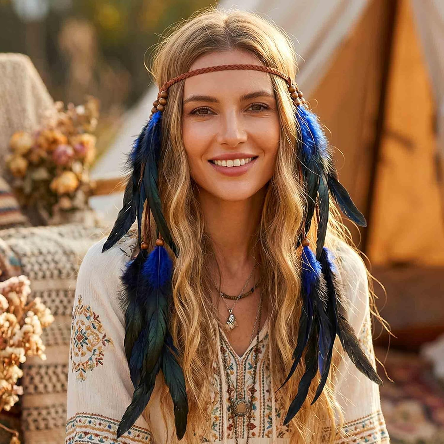 Fashband Indian Feather Headband Boho Tassel Hippie Tribal Headpiece Festival Hair Accessories for Women (Royal Blue, One Size) image number 1