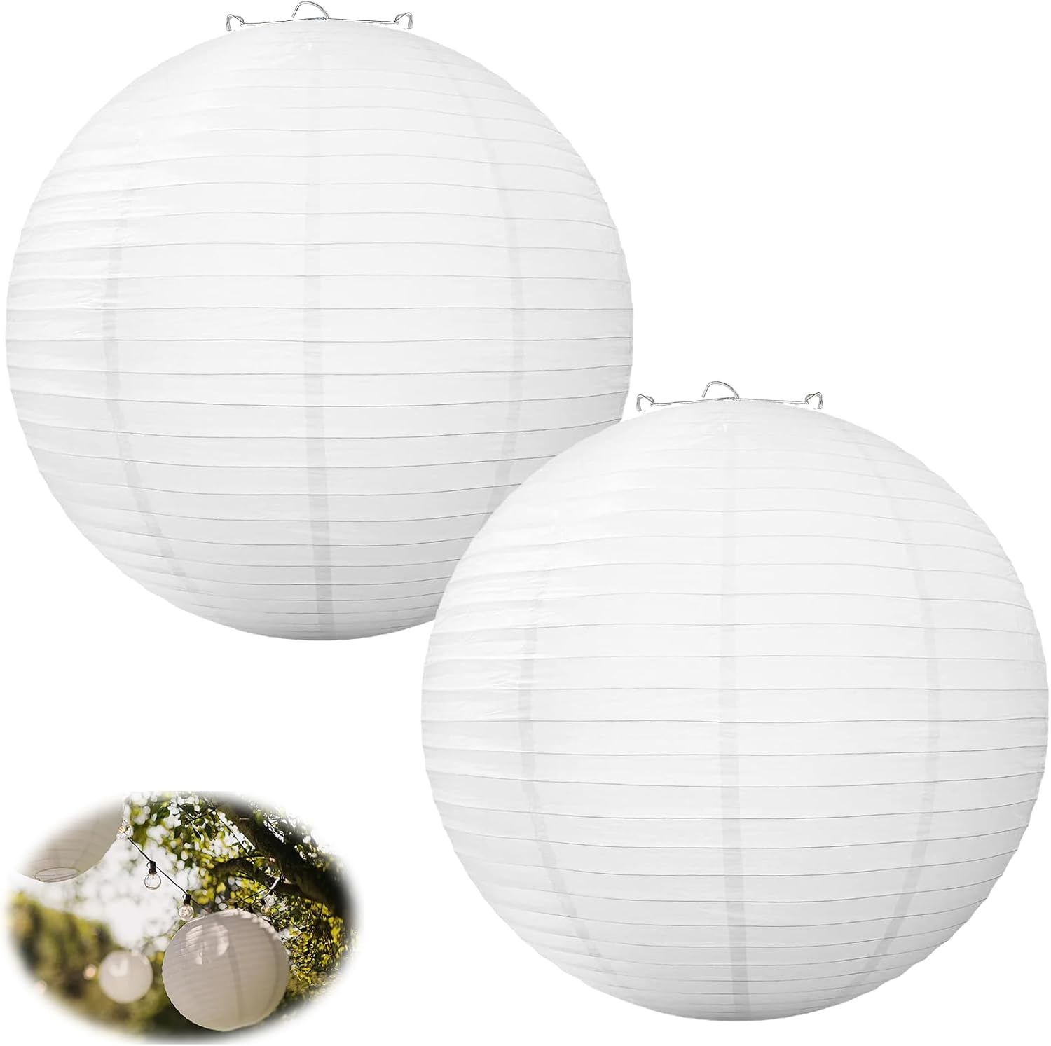 Pack of 2 Lampshades round White Paper Paper Lantern Paper Classic Bamboo Style Ribbed Lampshade Decoration for Creative DIY Projects and Party Garden Wedding Decoration (20 Cm, 8 Inches) image number 5